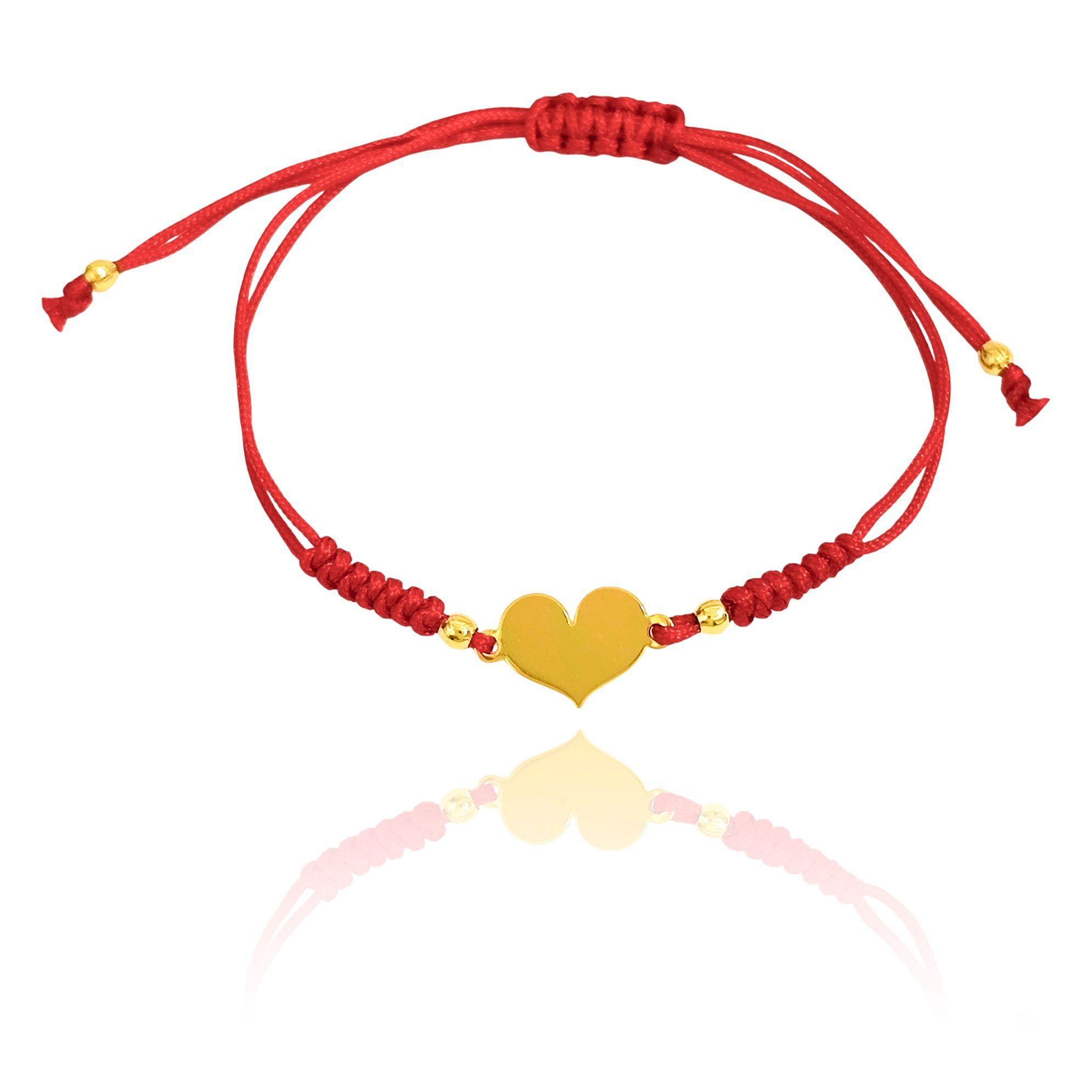 Pulsera Corazón Tierno Lamina Enchapado Oro 18K Cordón Rojo-2