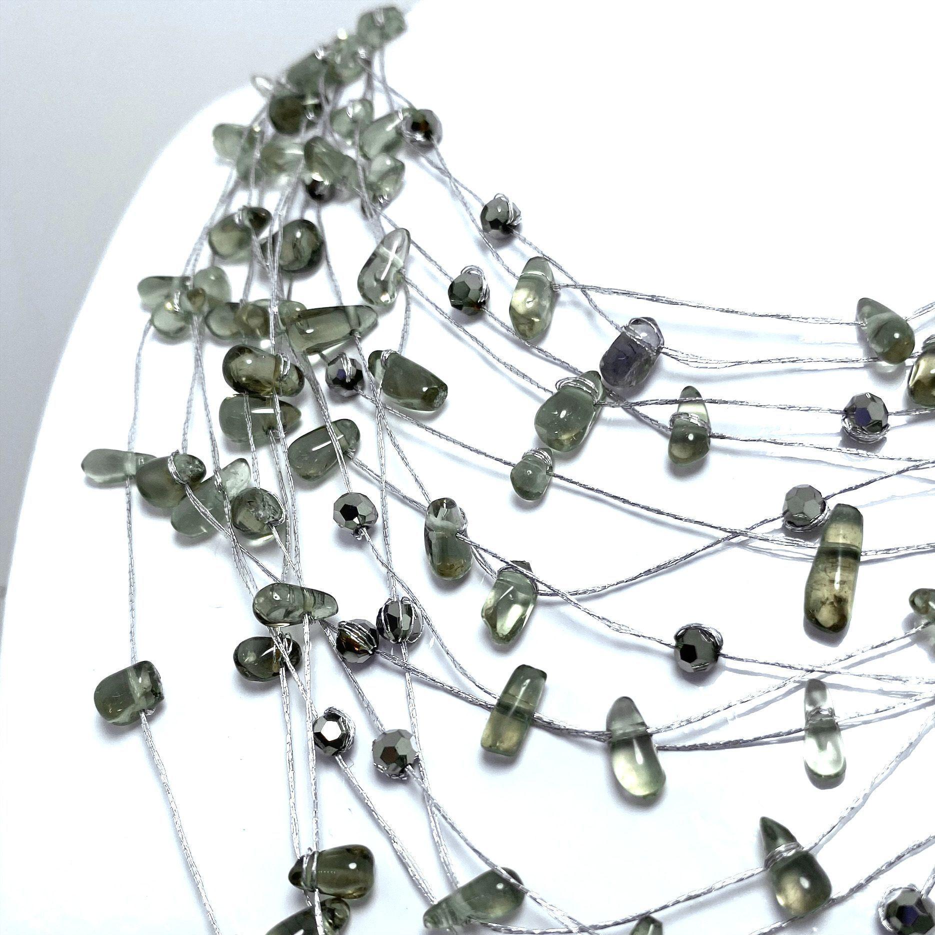 Collar Cuarzo Fumé Hilo Seda Plateado-2