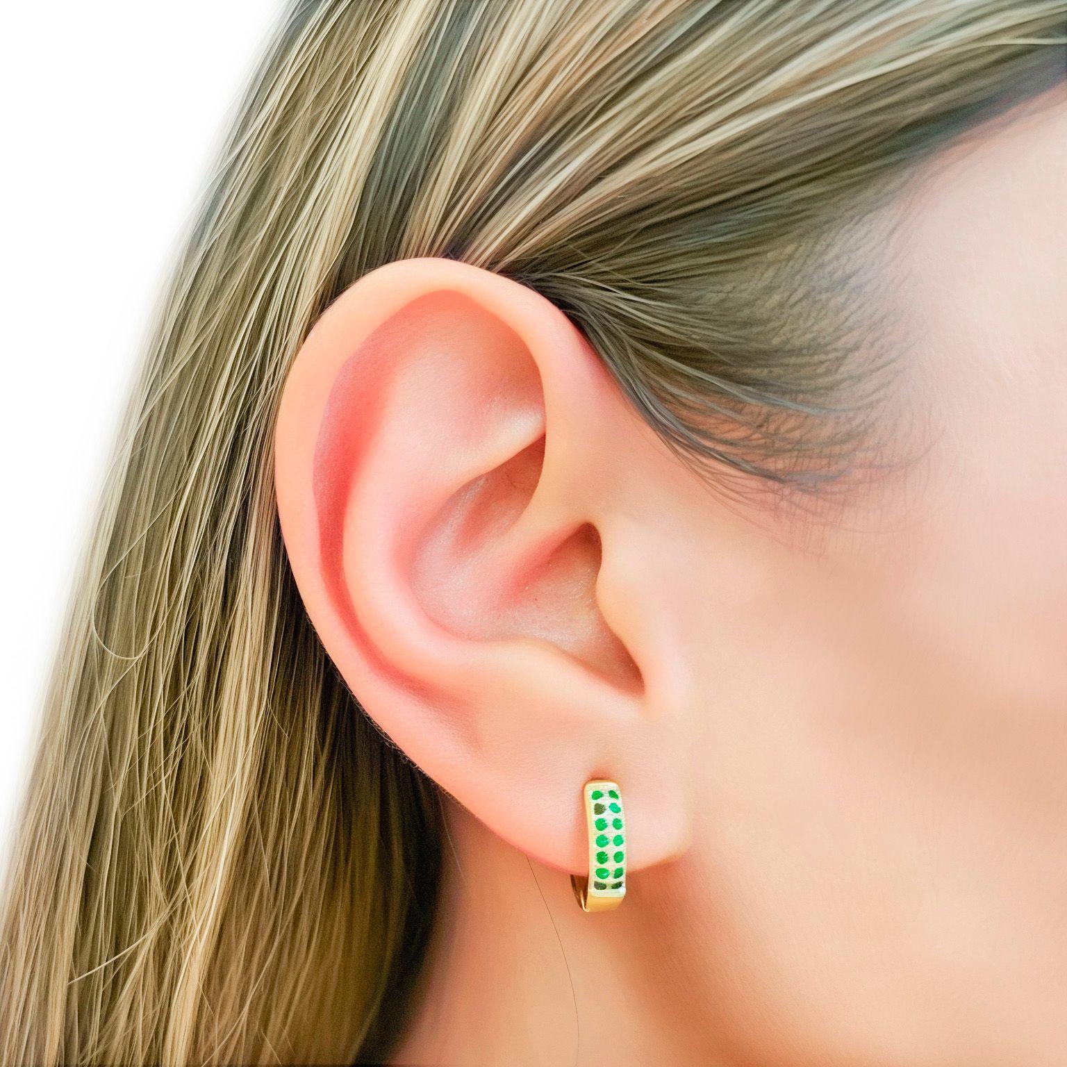 Aros Argolla 2 Líneas Circón Verde 14mm Enchapado Oro 18K-2