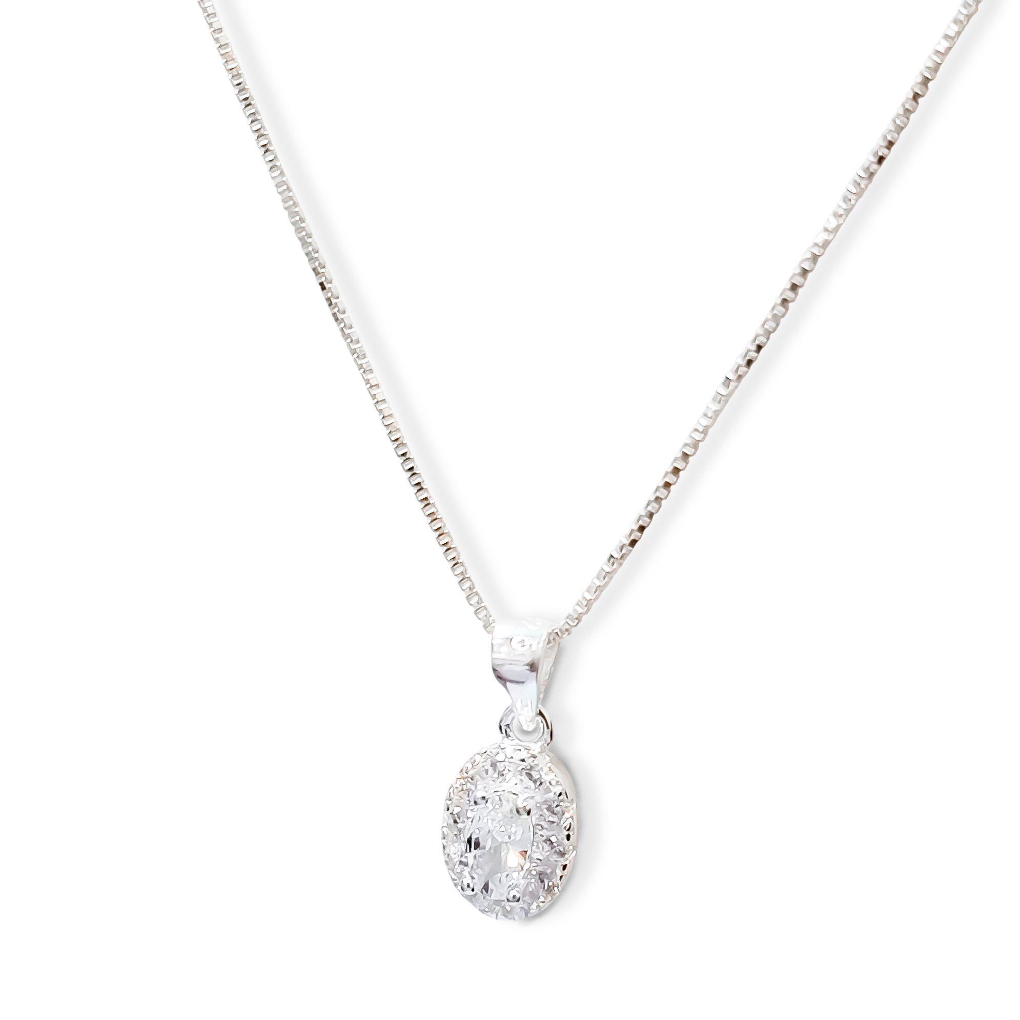 Collar Roseta Oval Circón Blanco Plata Fina 925-0