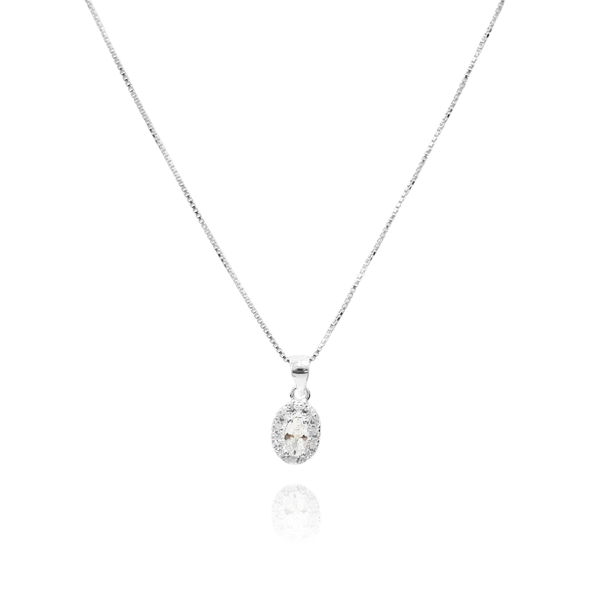 Collar Roseta Oval Circón Blanco Plata Fina 925-1