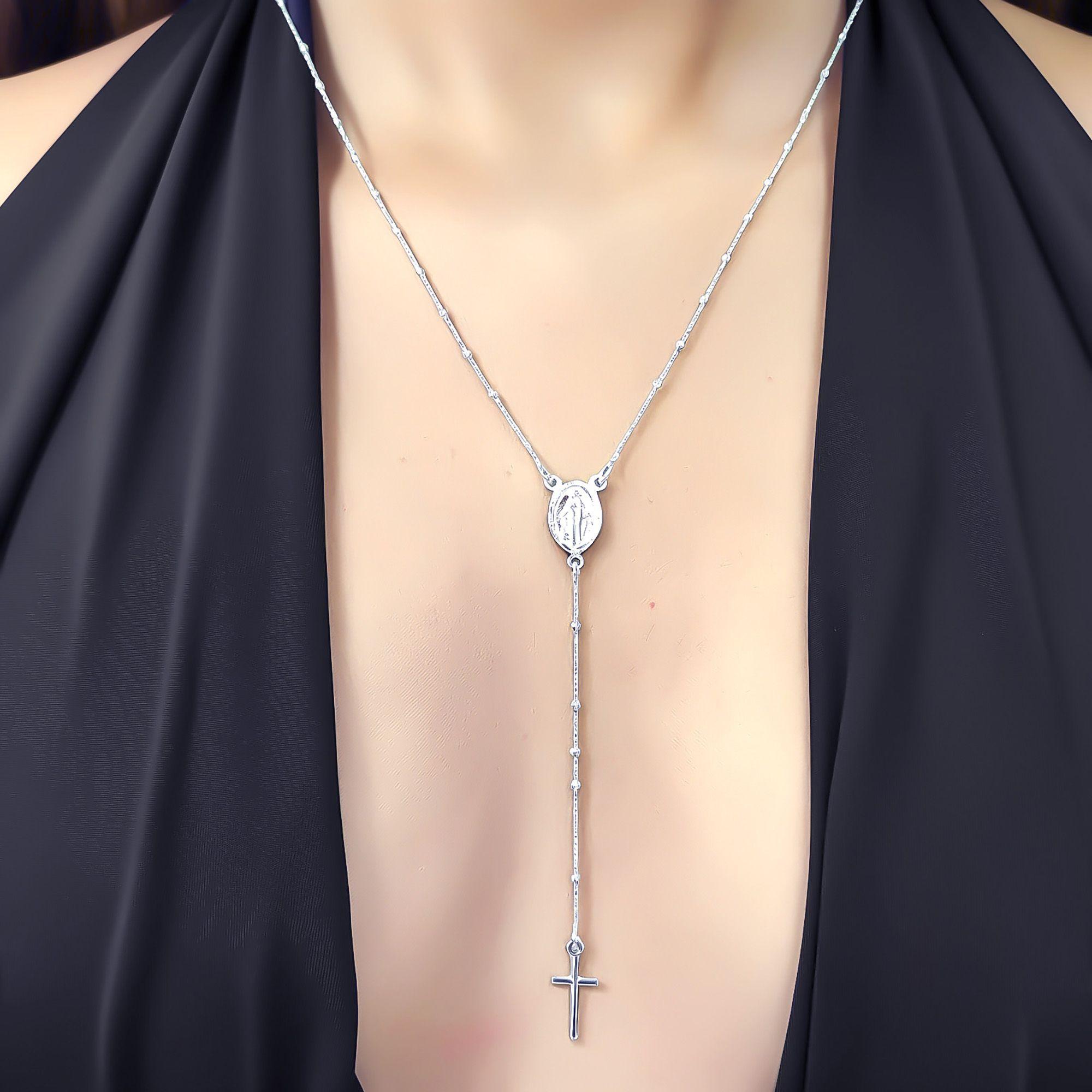 Collar Rosario Virgen De Los Rayos Cadena Limada Plata Fina 925-3