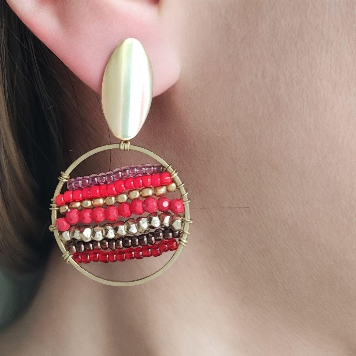 Aros Mostacilla Cristal Alambre Bronce Tope Enchapado Oro 18K-1