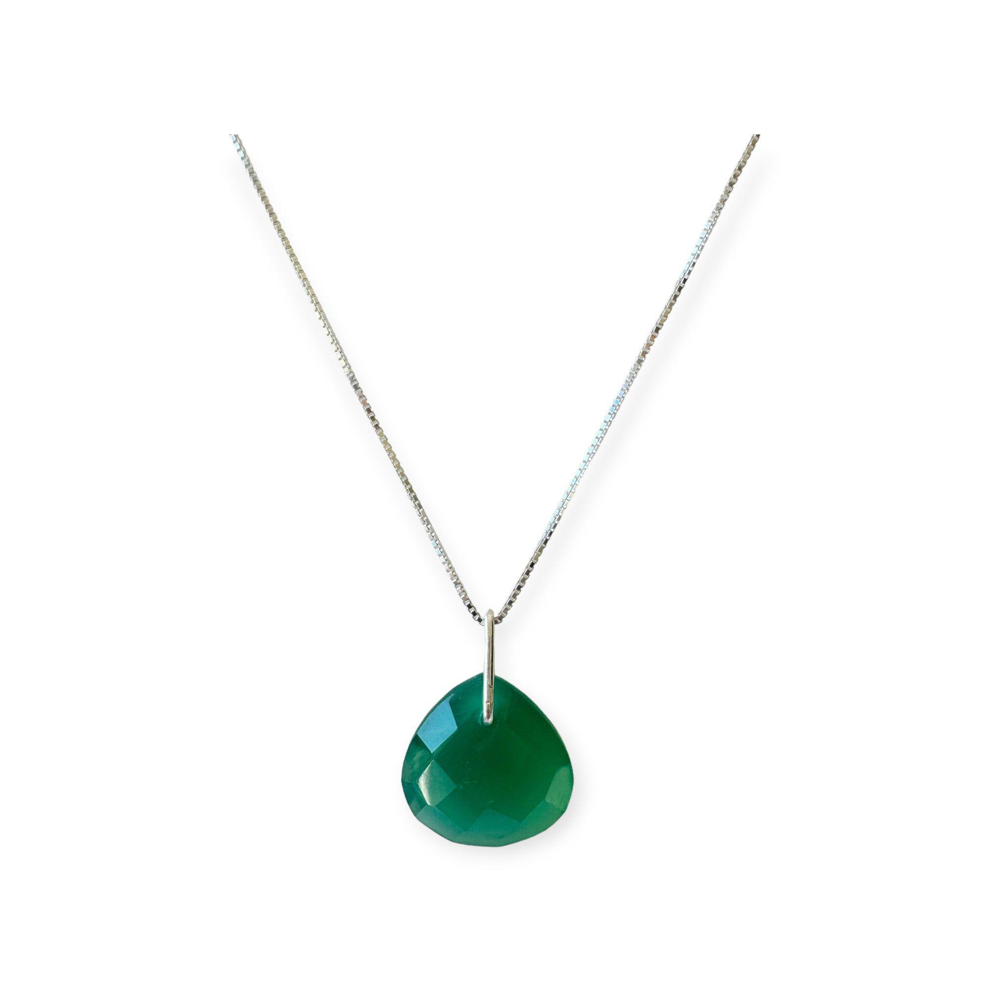 Collar Gota Ónix Verde Facetado Plata Fina 925-0
