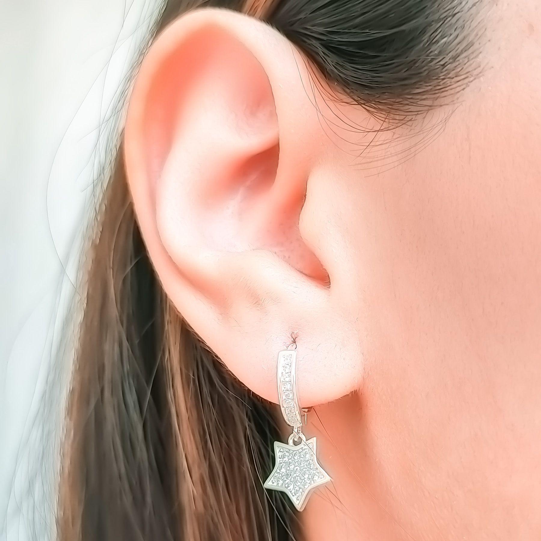 Aros Argolla Estrella Circon Blanco Plata Fina 925-2