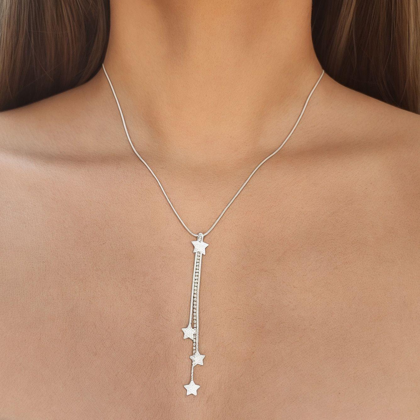 Collar Estrellas Colgantes Cadena Cola De Topo Plata Fina 925-3