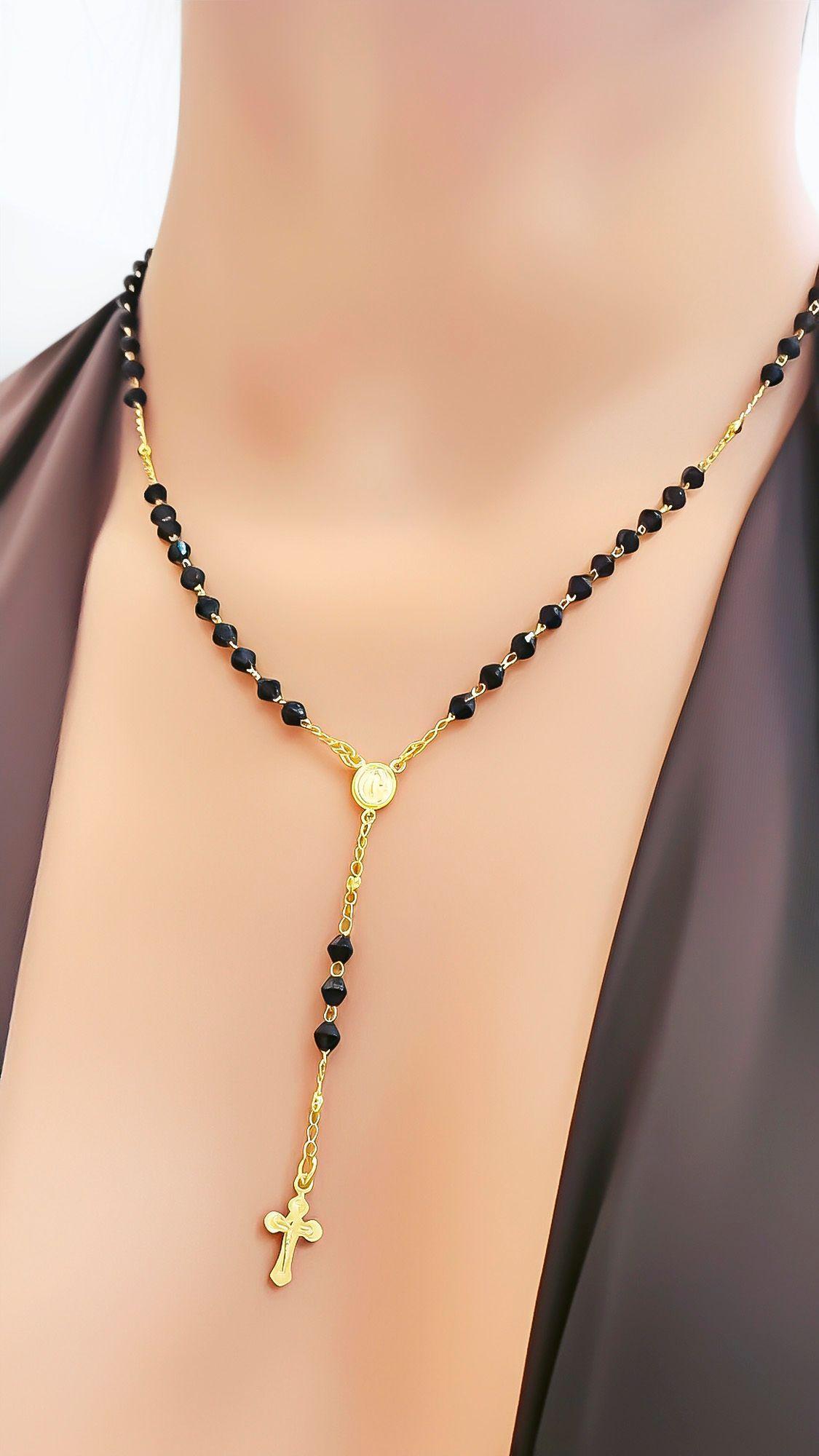 Collar Rosario Cristales Negros Enchapado Oro 18K-4