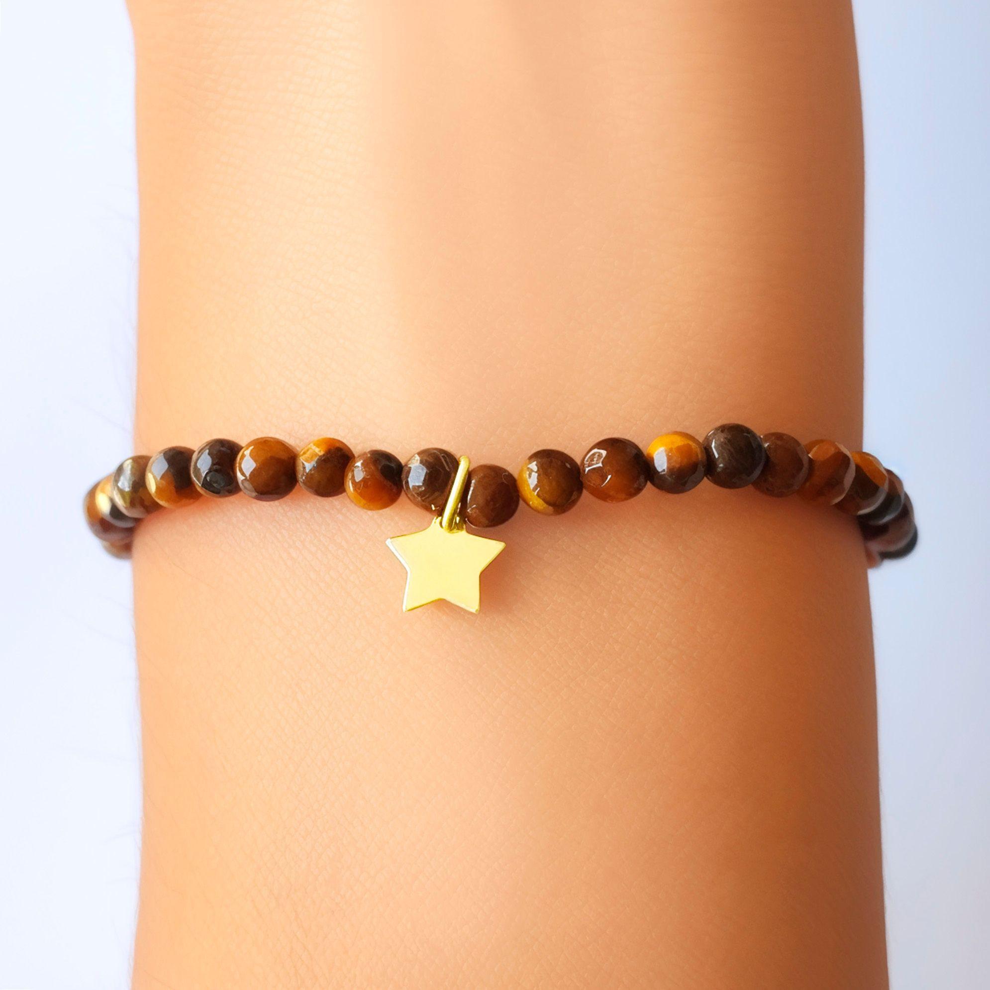 Pulsera Ojo De Tigre 4mm Estrella Enchapado Oro 18K Elásticada-2
