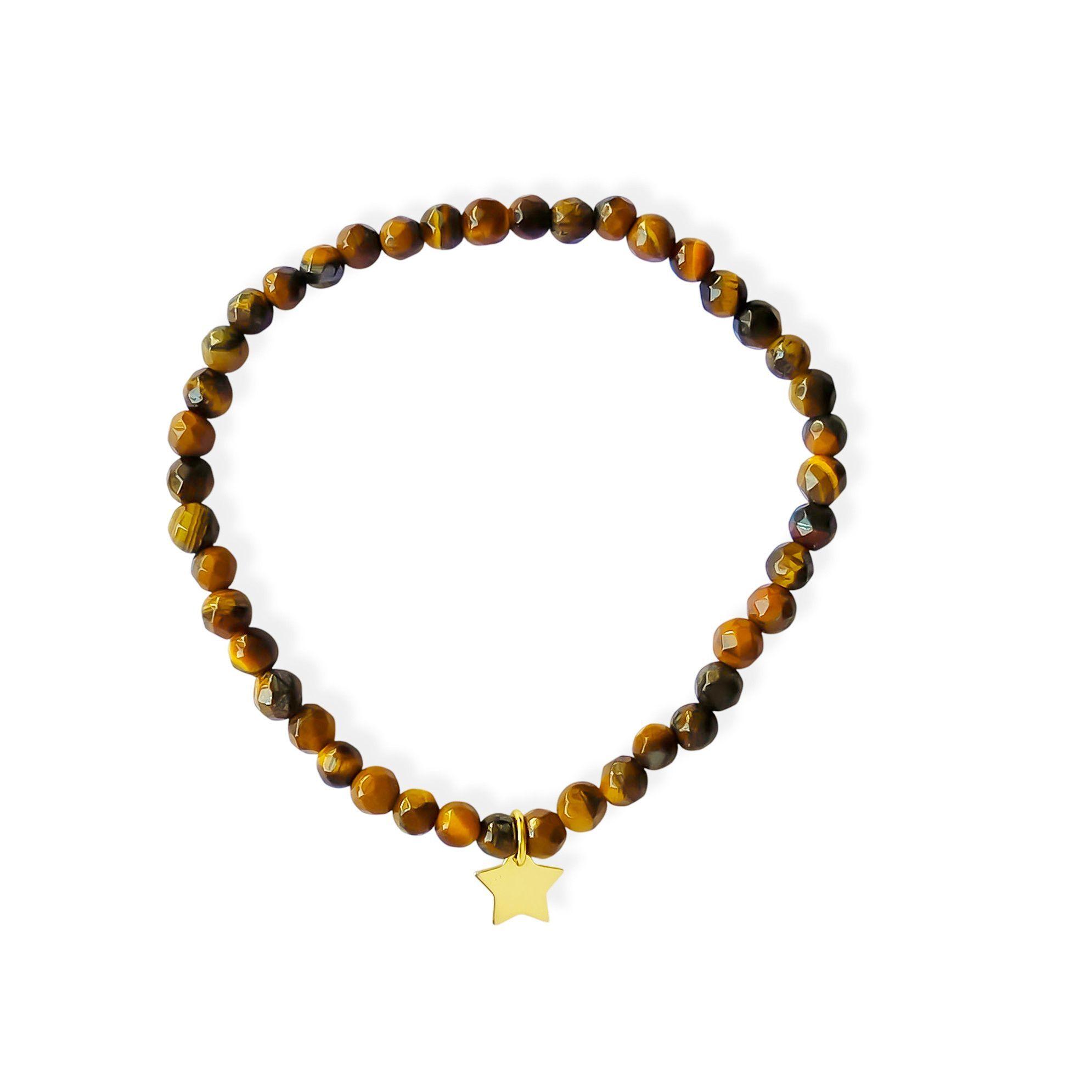 Pulsera Ojo De Tigre 4mm Estrella Enchapado Oro 18K Elásticada-2