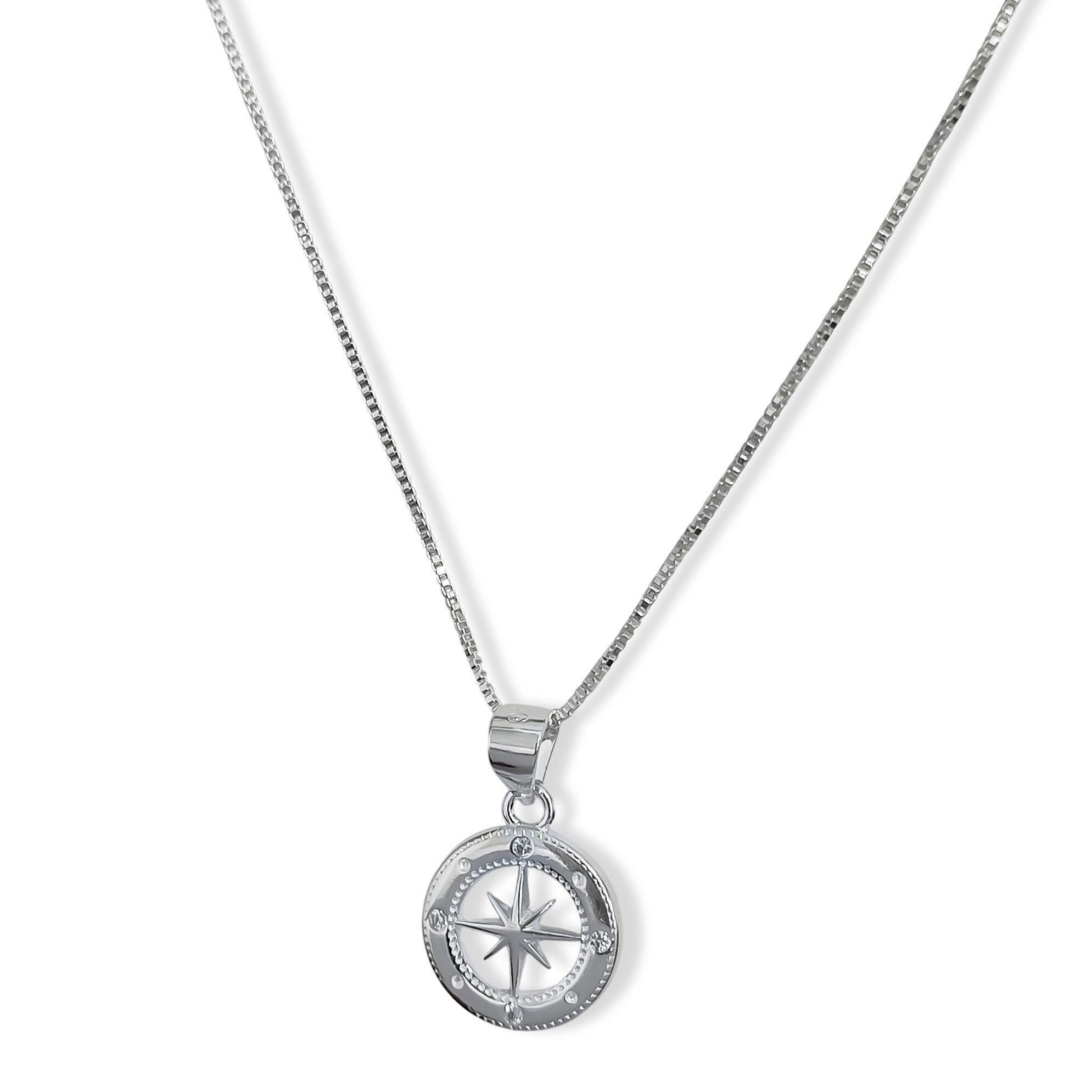 Collar Rosa De Los Vientos Circón Blanco Plata Fina 925-2