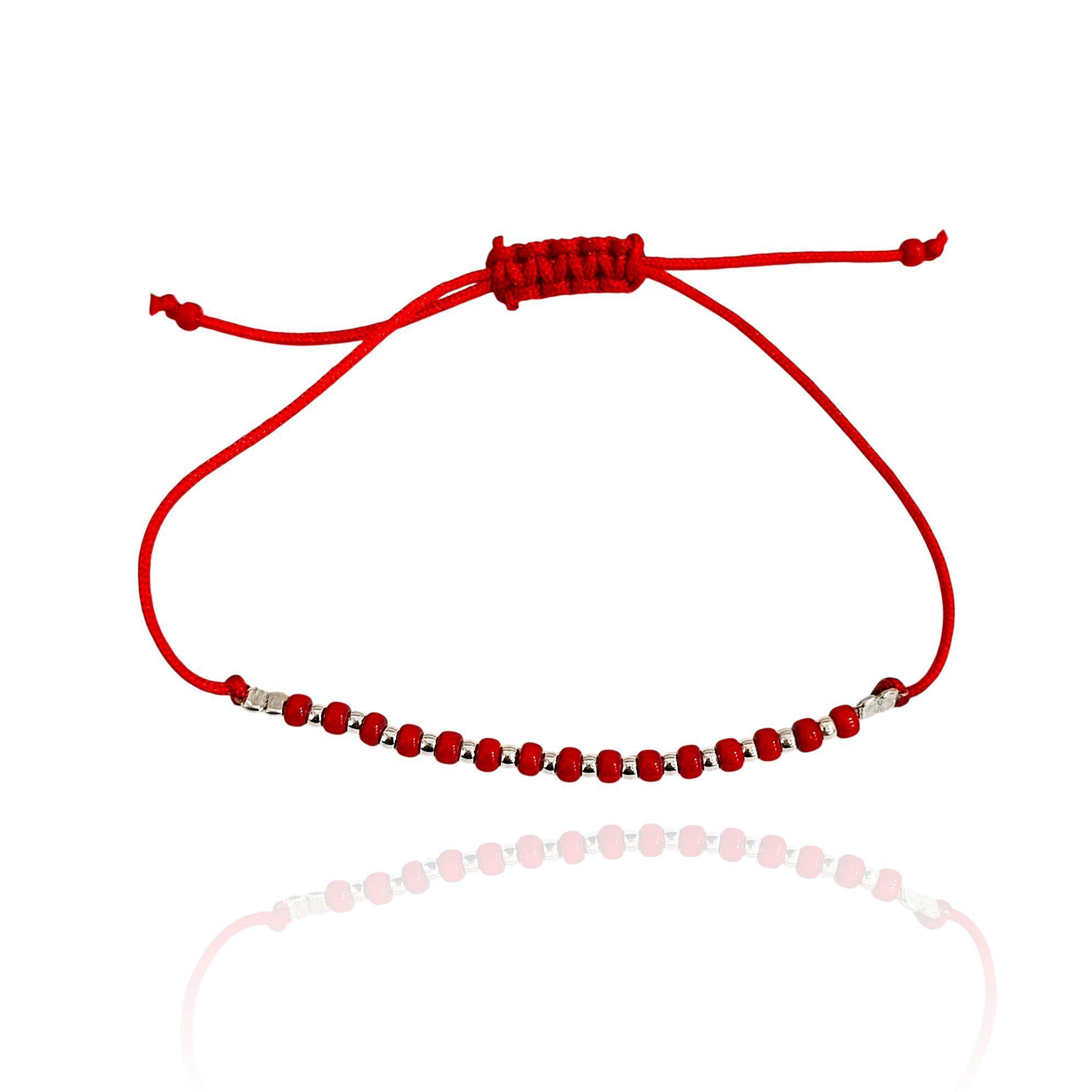 Pulsera Miyuki Rocailles Roja Bola Plata Fina 925 Cordón Rojo-0