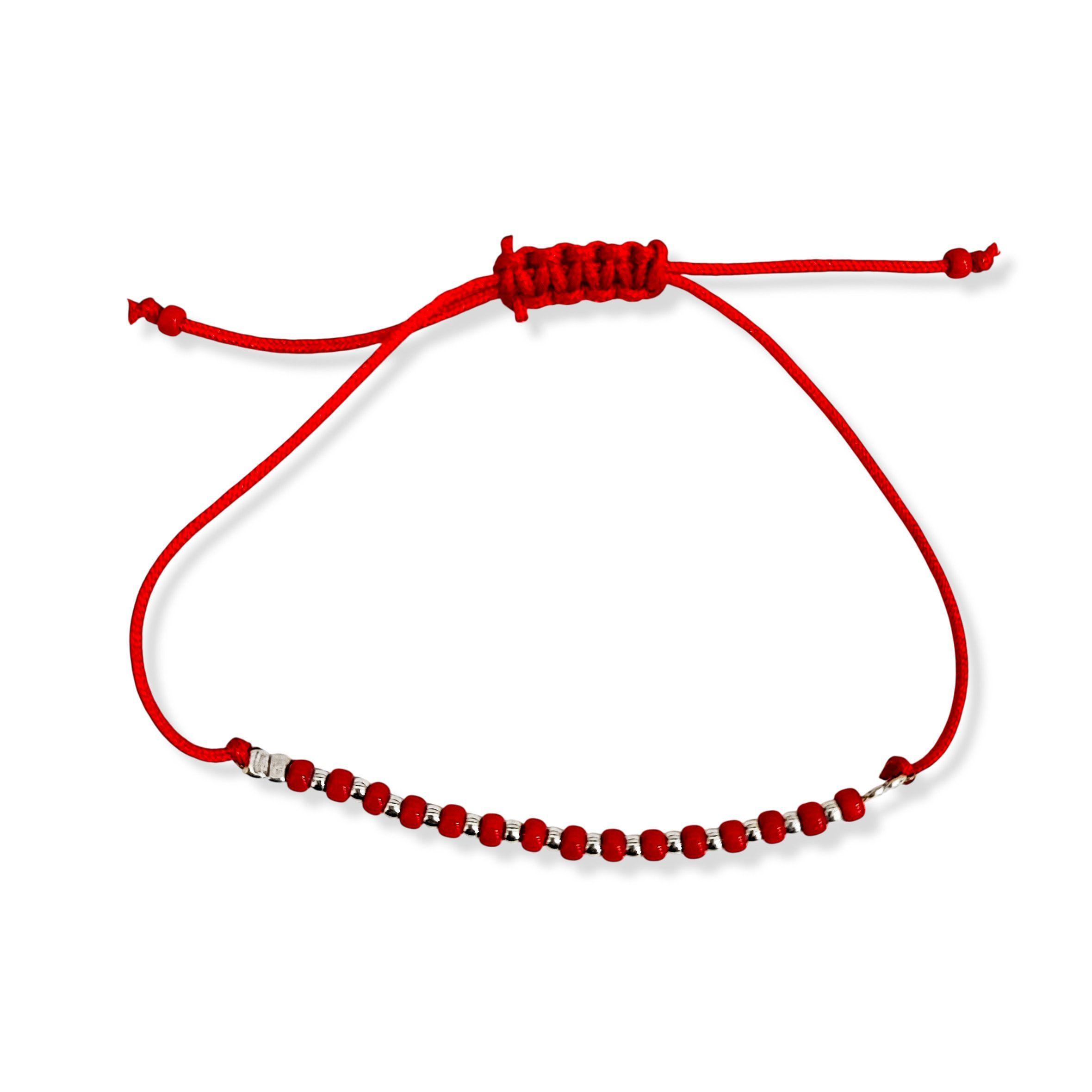 Pulsera Miyuki Rocailles Roja Bola Plata Fina 925 Cordón Rojo-2