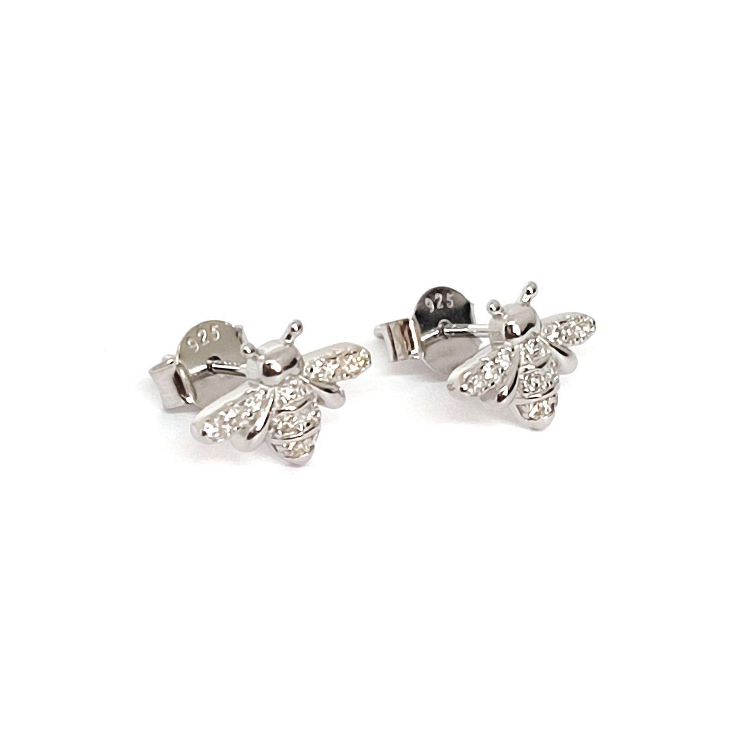 Aros Abeja Circón Blanco Plata Fina 925-1