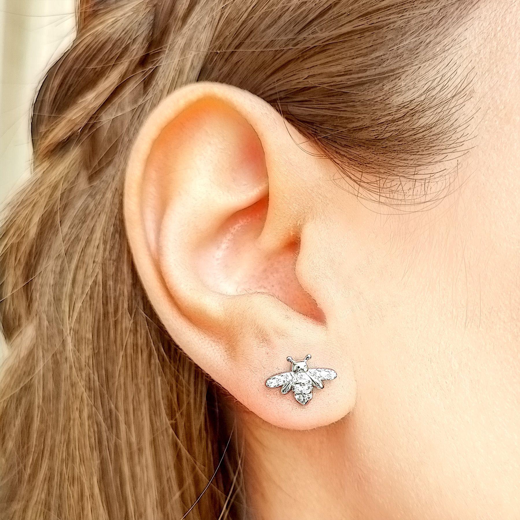 Aros Abeja Circón Blanco Plata Fina 925-2