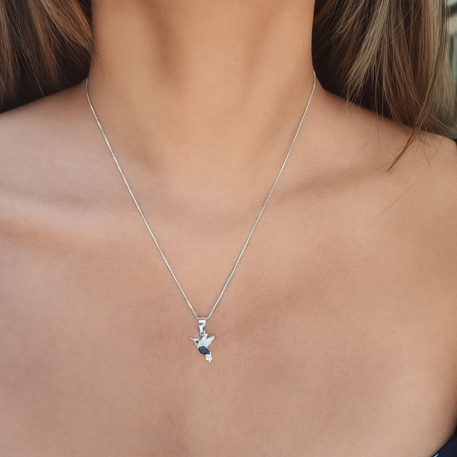 Collar Colibrí Circón Azul Plata Fina 925-1