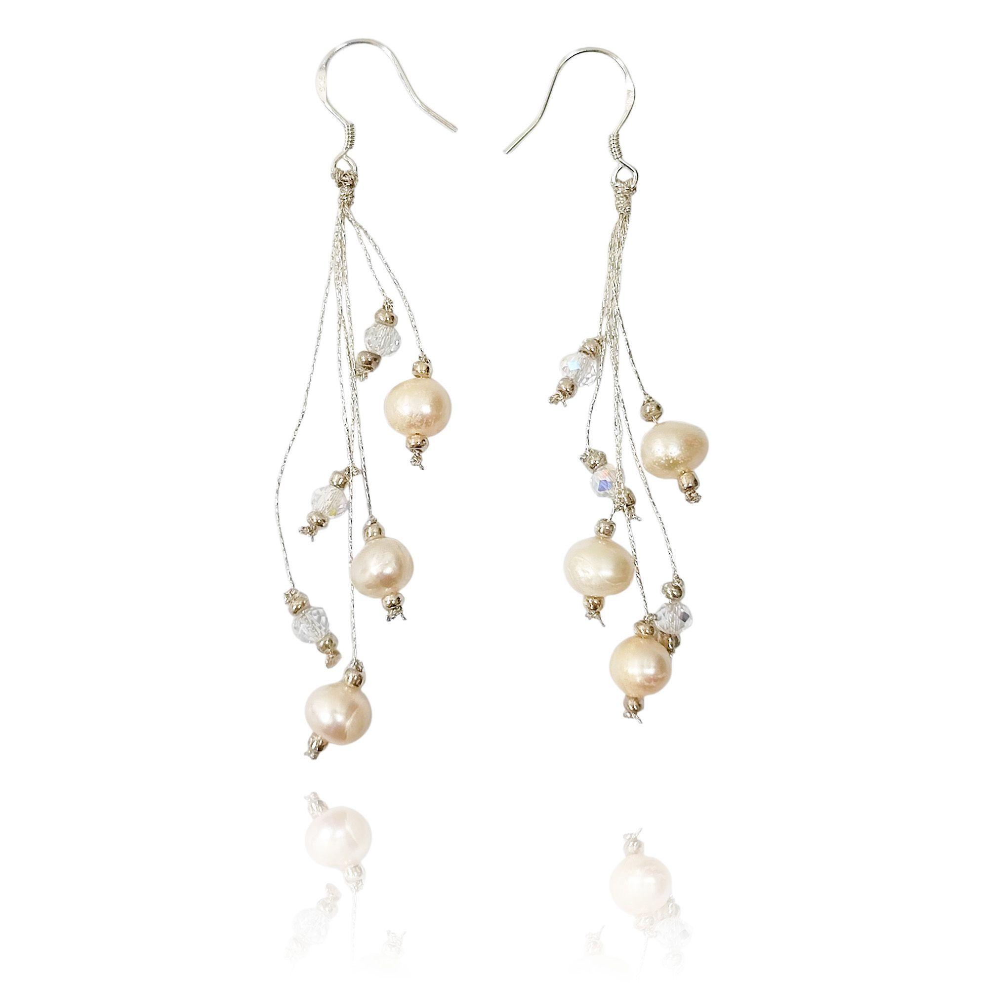 Aros Racimo Perlas De Rìo Hilos Plateado Gancho Plata Fina 925-1