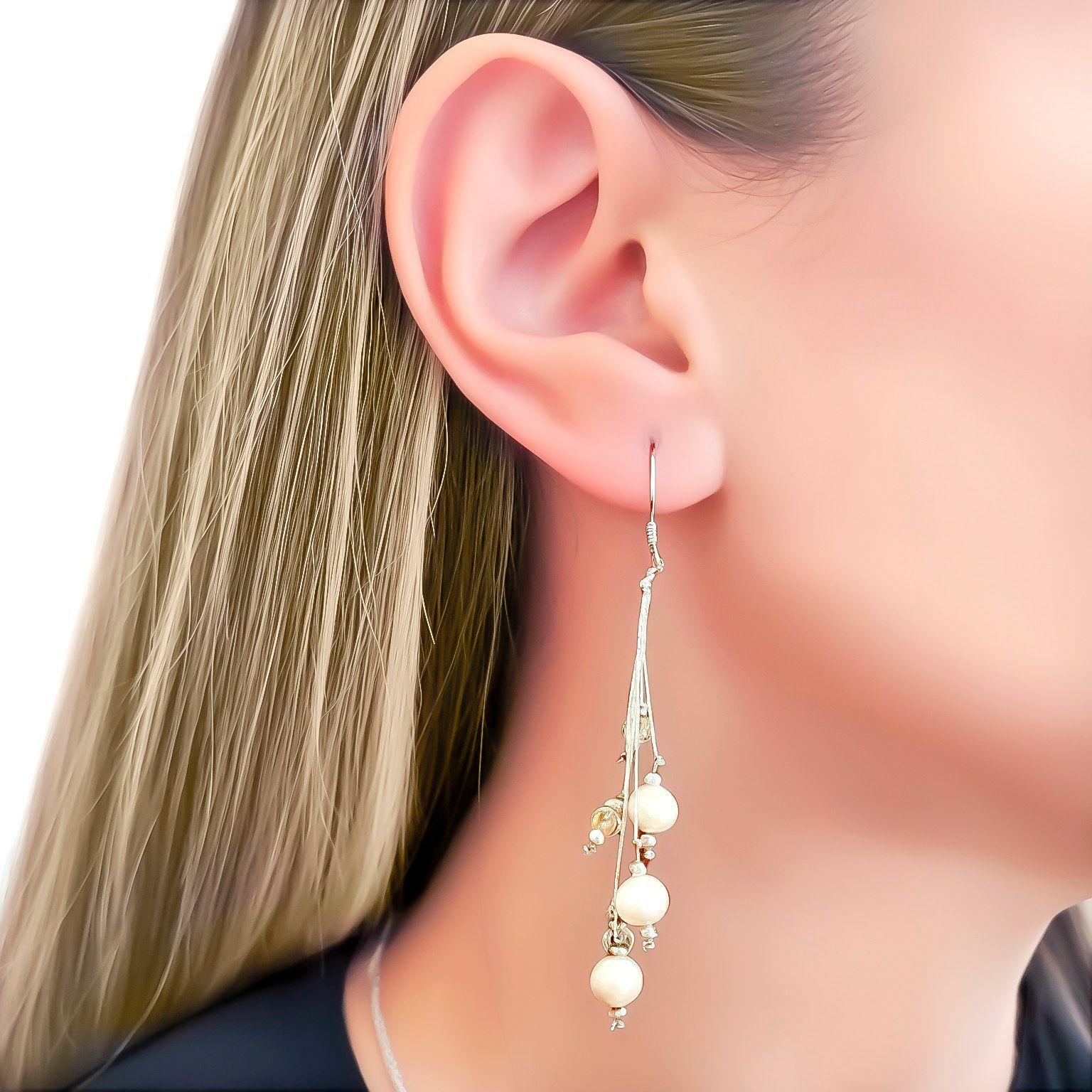 Aros Racimo Perlas De Rìo Hilos Plateado Gancho Plata Fina 925-2