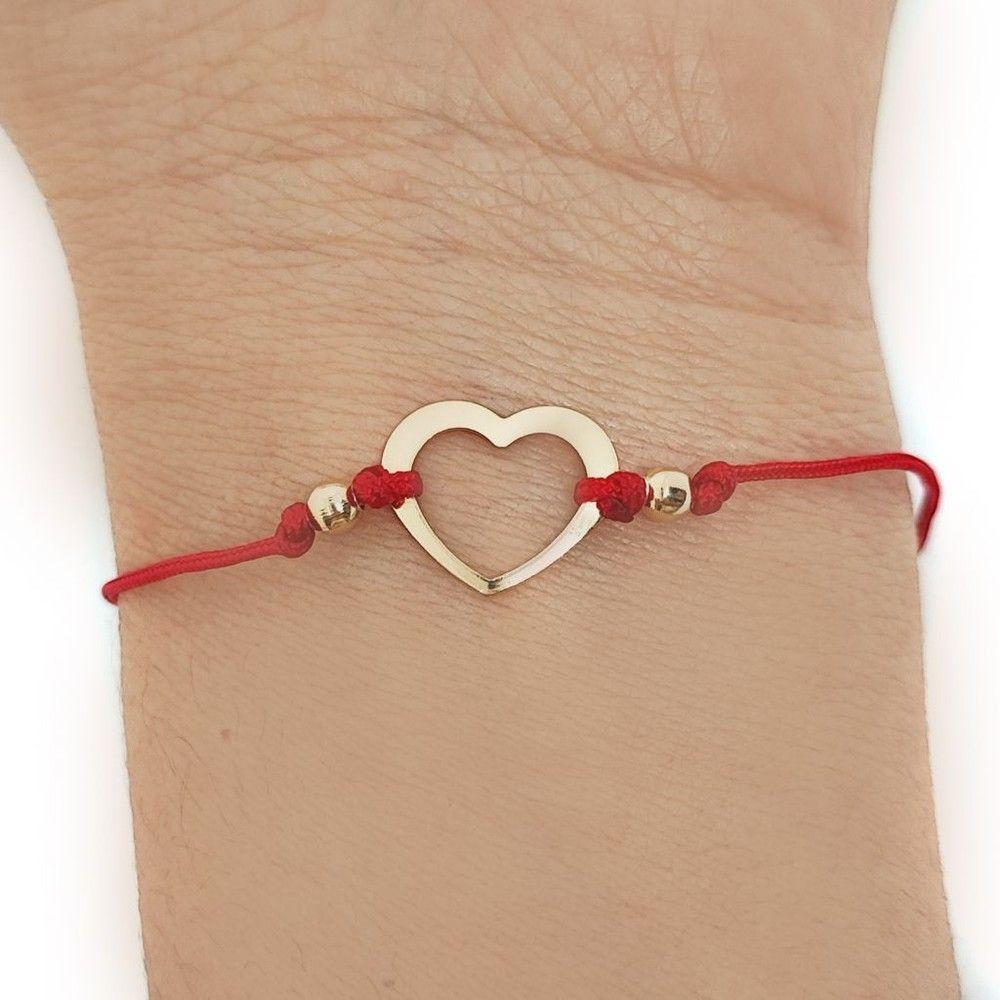 Pulsera Corazón Calado Enchapado Oro 18K Cordón Rojo-2