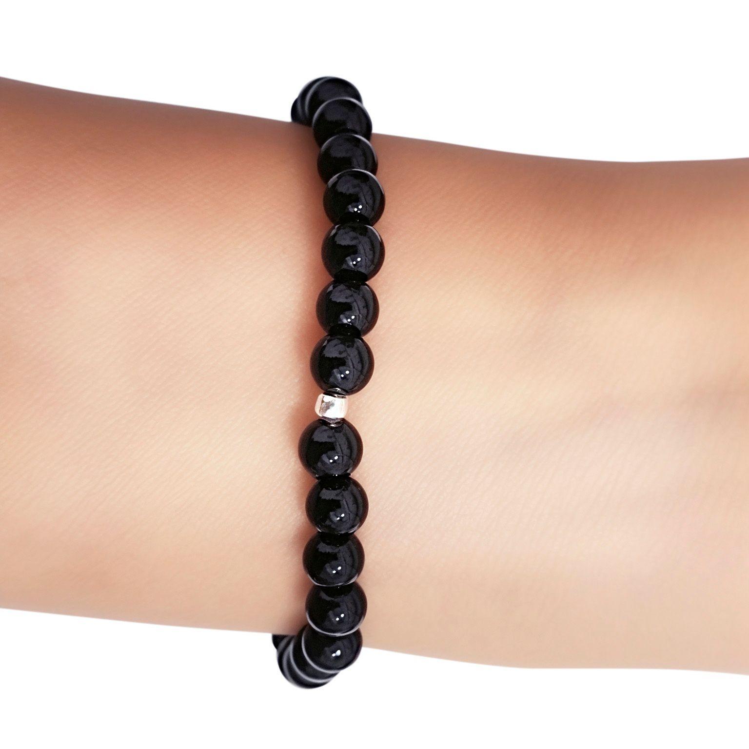 Pulsera Ónix 6mm Bolita Plata Fina 925 Elasticada-2