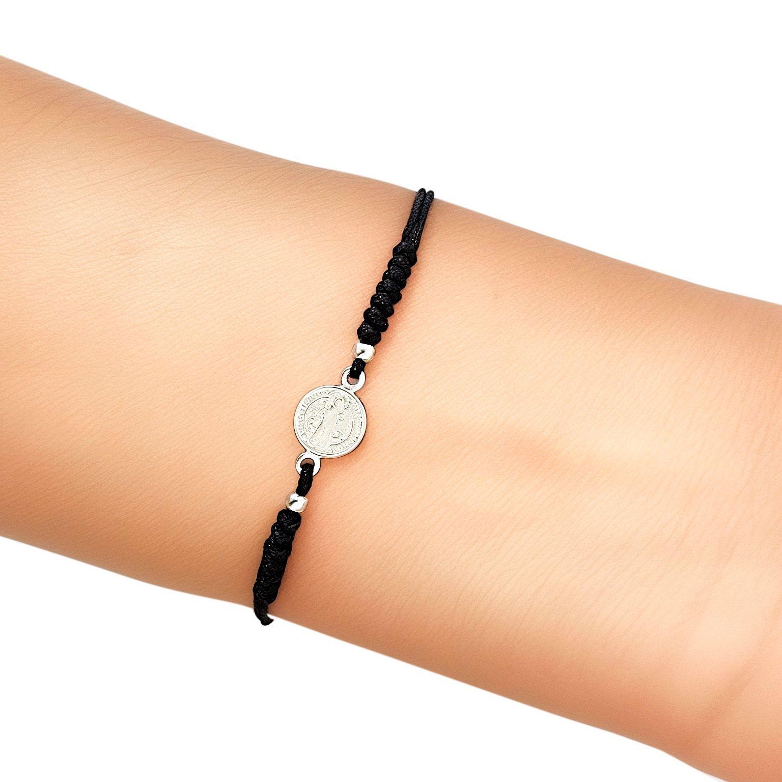Pulsera Medalla San Benito Plata Fina 925 Cordón Negro Tejido-2