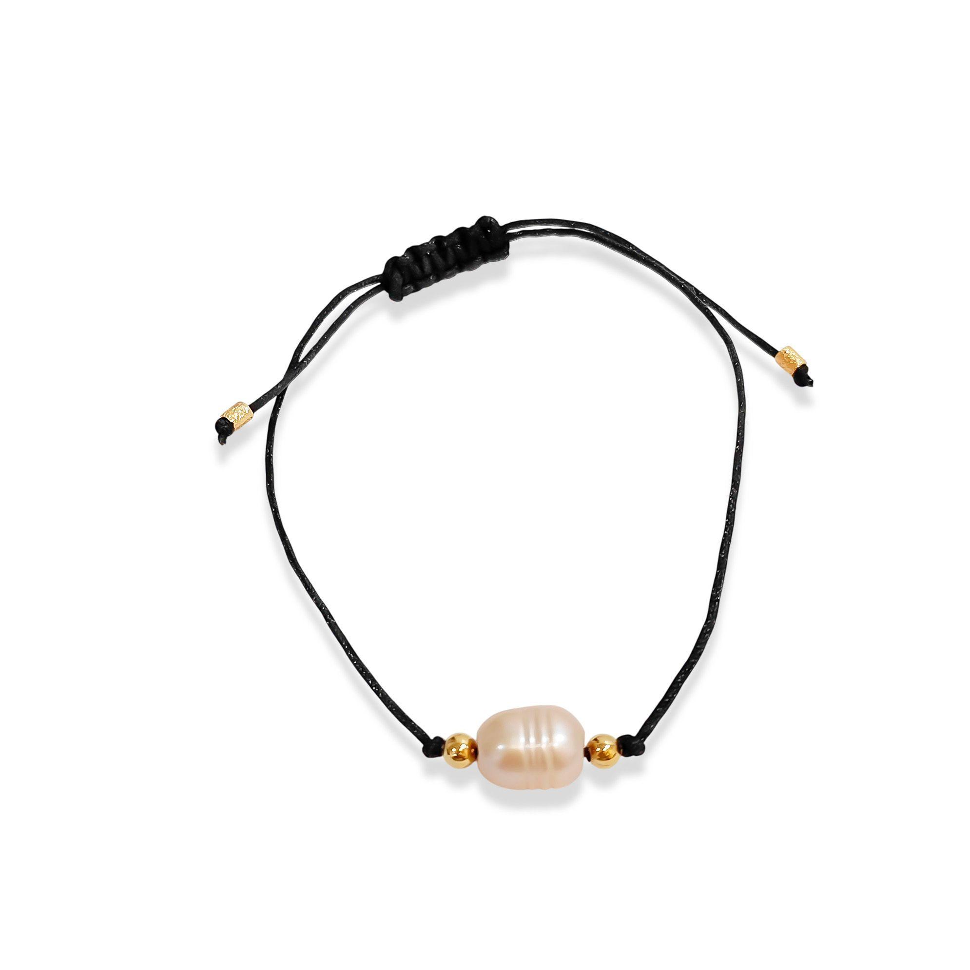 Pulsera Perla De Río Cordón Negro Bolita Enchapado Oro 18K-2