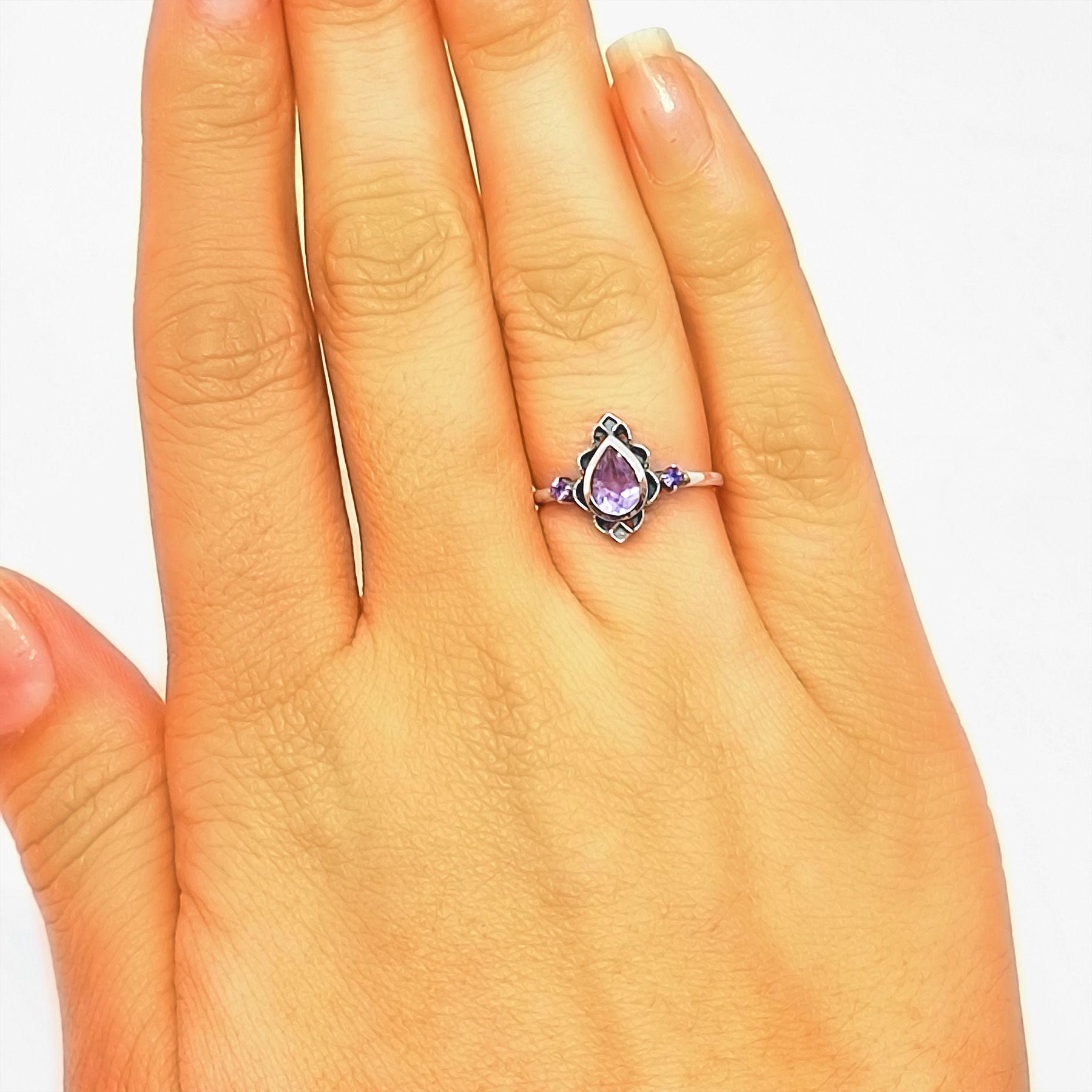 Anillo Loto Amatista Plata Fina 925 Envejecido-2