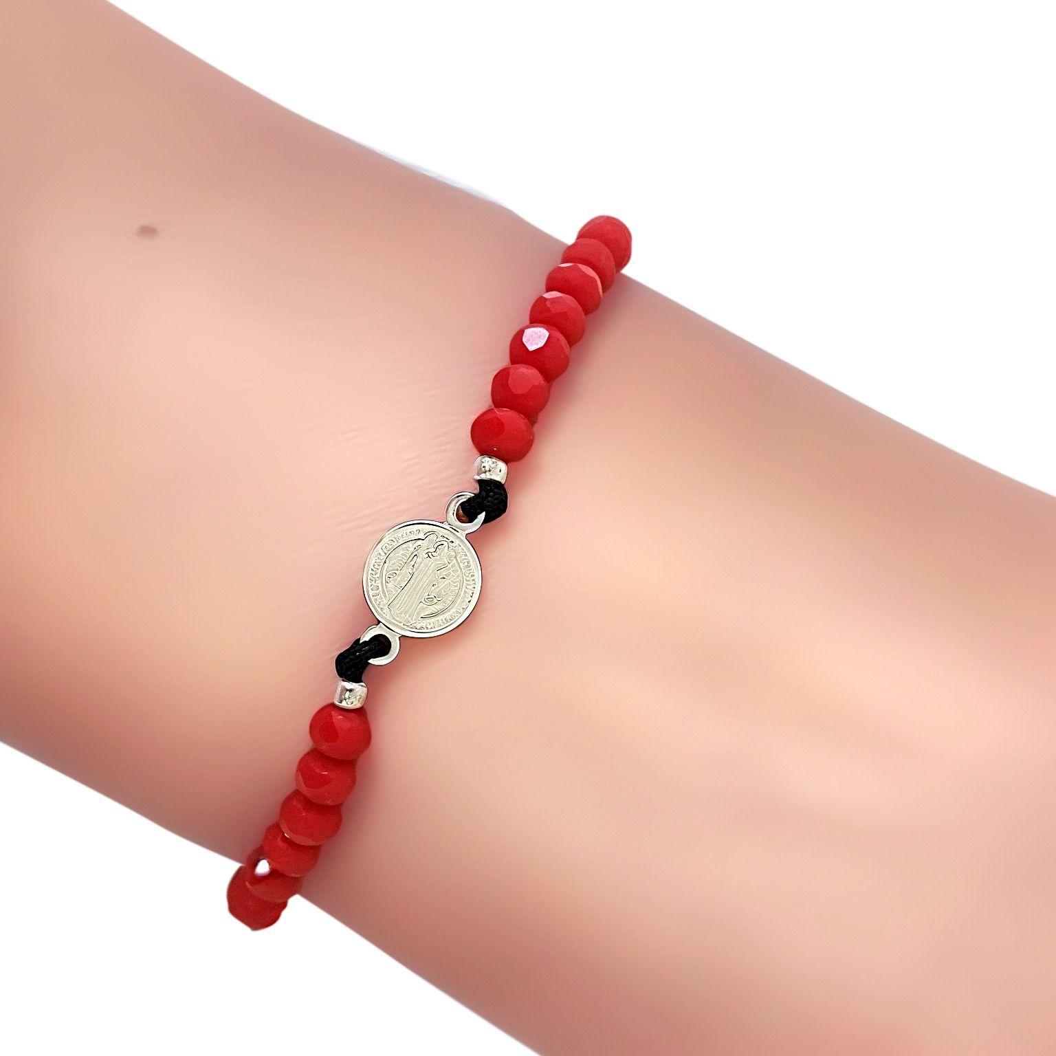 Pulsera Medalla San Benito Plata Fina 925 Cristal Cordón Negro-2