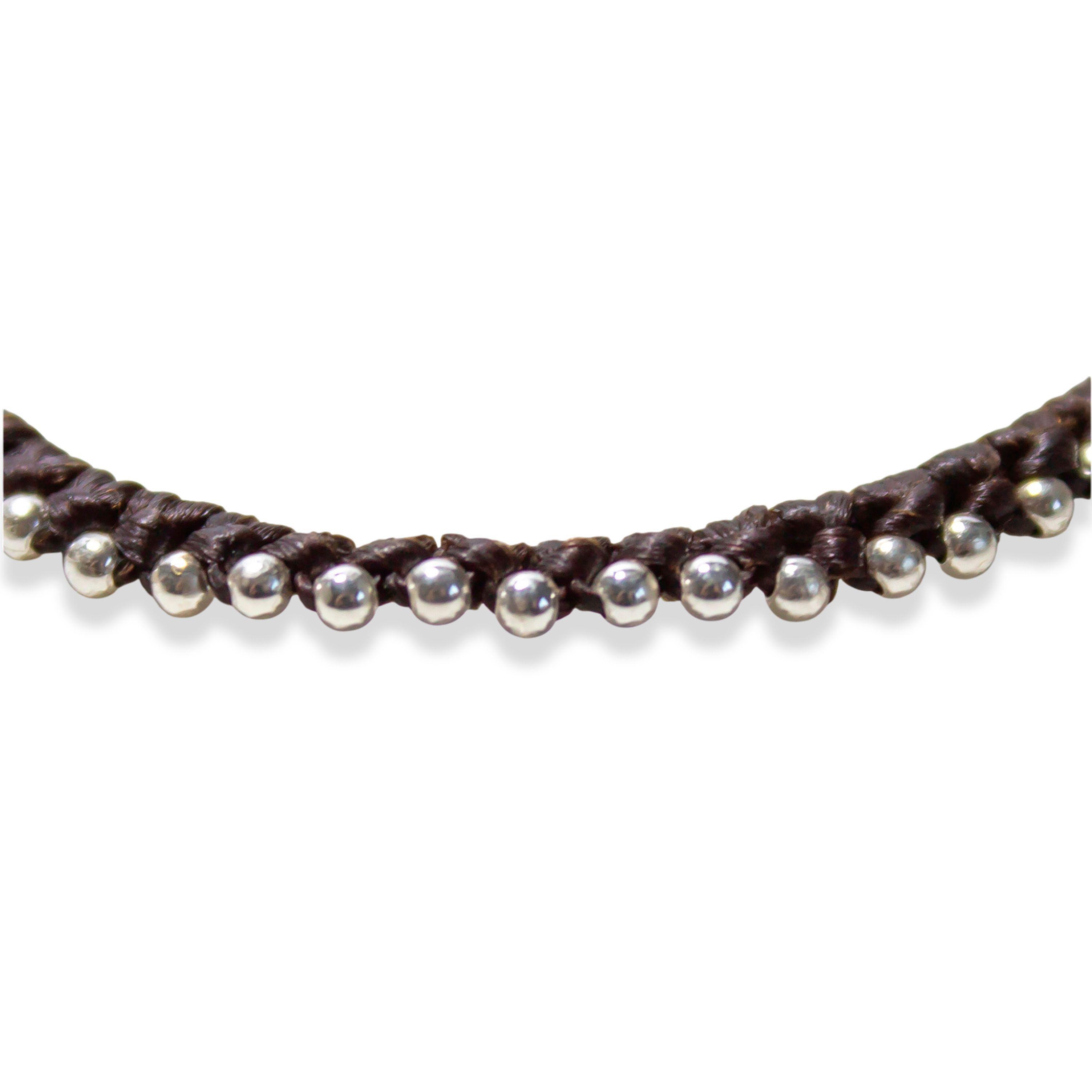 Pulsera Bolitas Plata Fina 925 Cordón Café-2