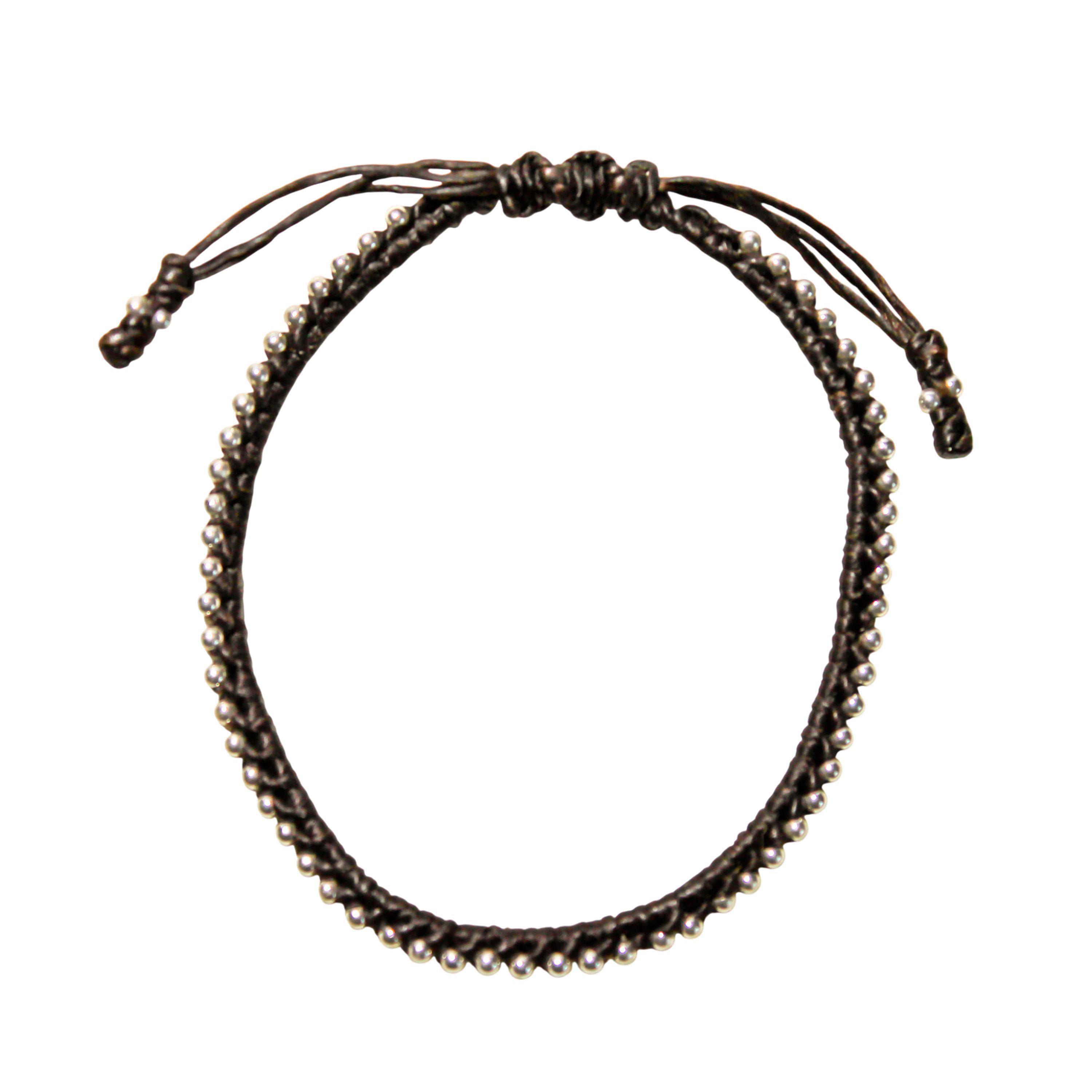 Pulsera Bolitas Plata Fina 925 Cordón Café-0