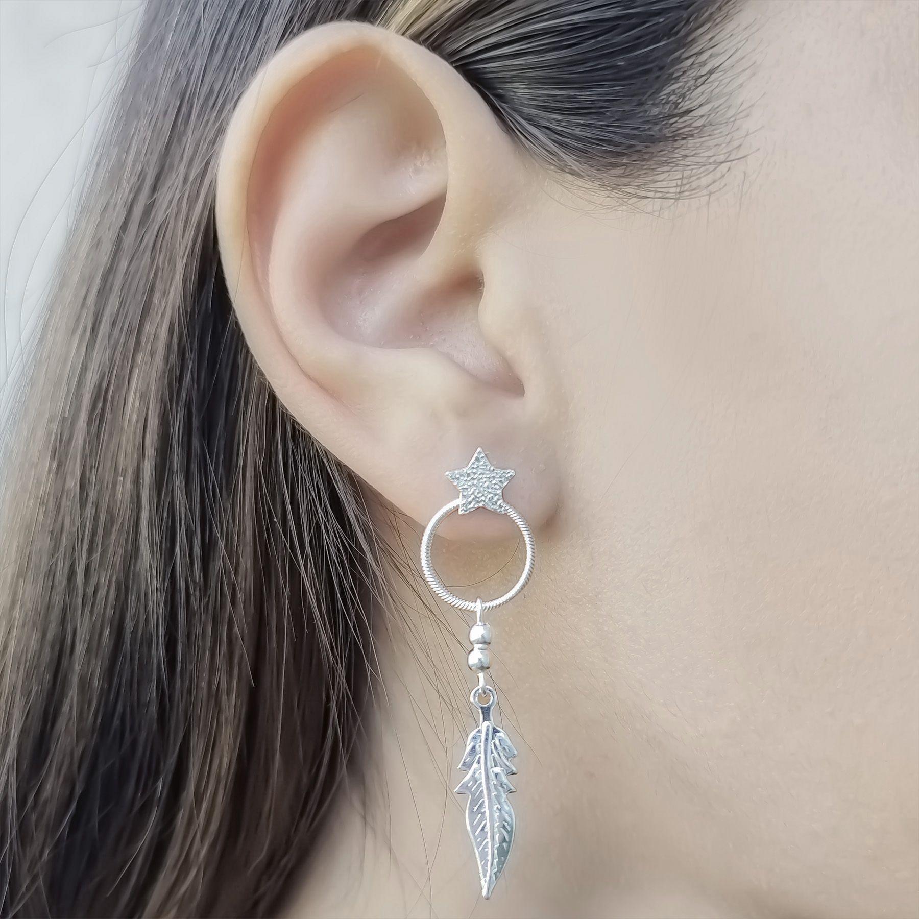 Aros Tope Estrella Círculo Bolitas Pluma Plata Fina 925-3