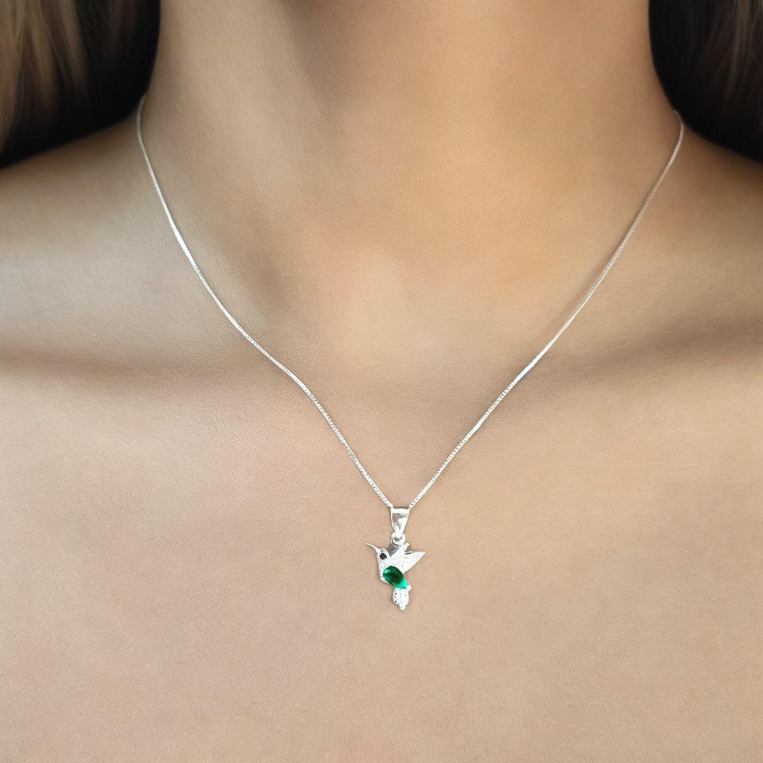 Collar Colibrí Circón Verde Plata Fina 925-1