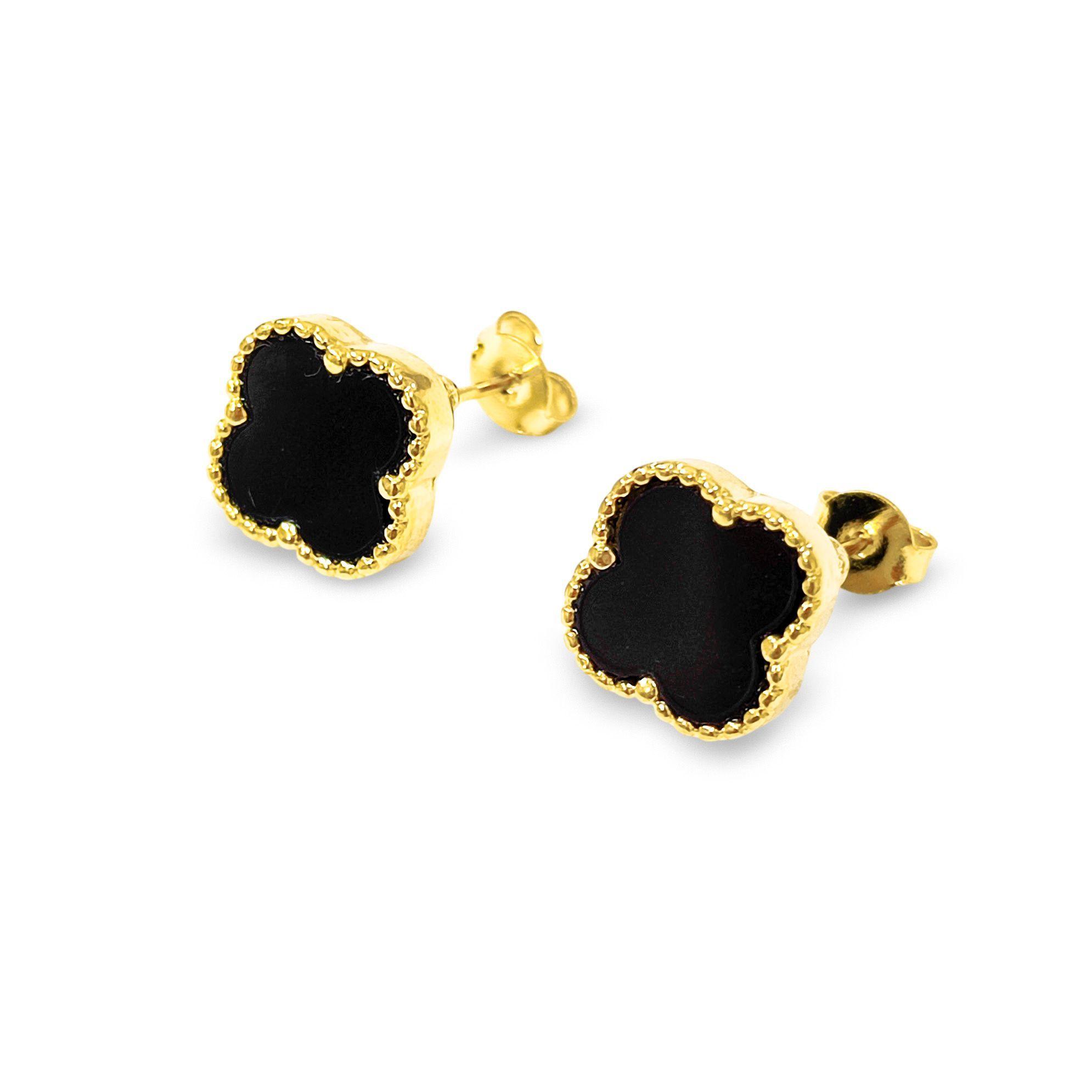 Aros Trébol Negro Enchapado Oro 18K-2