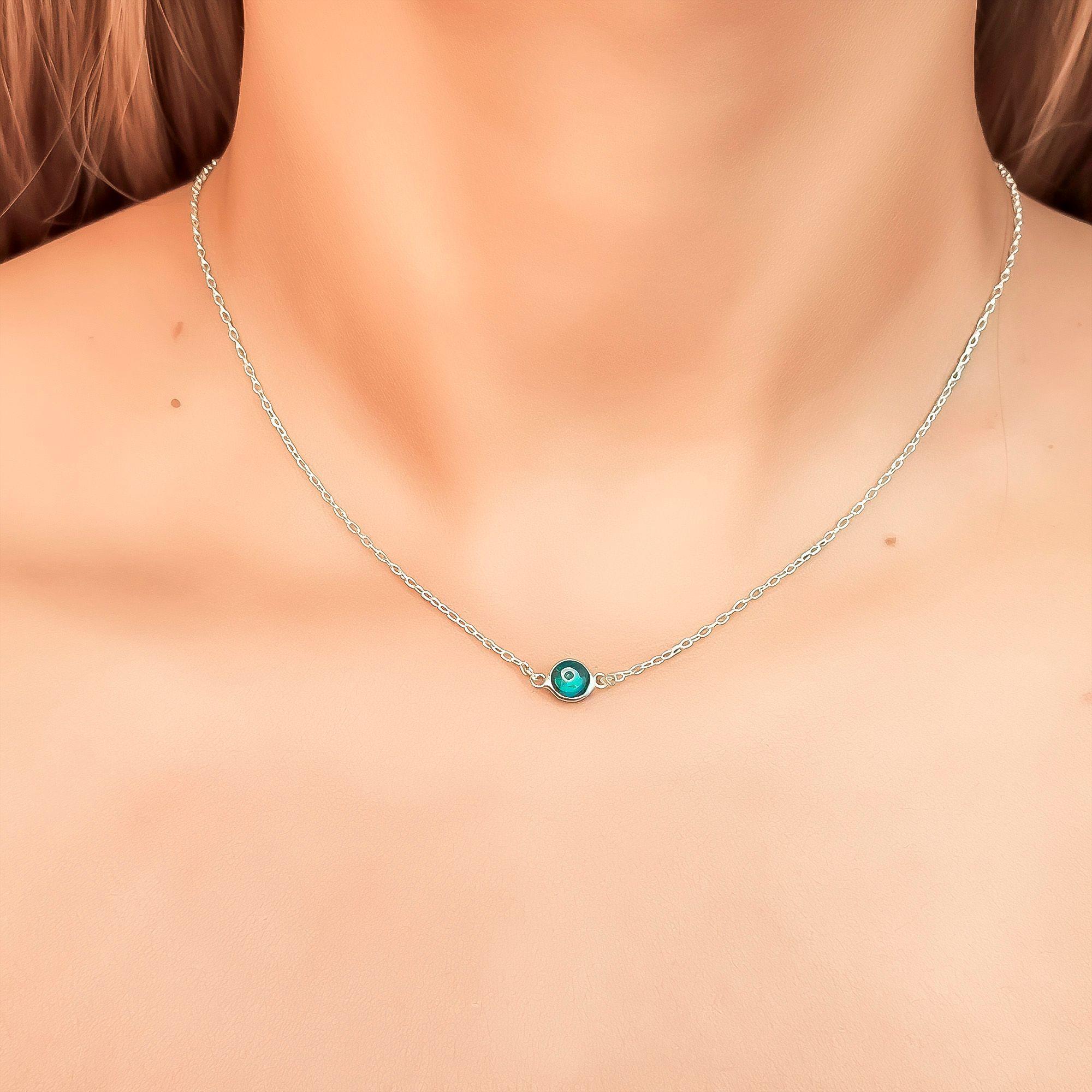 Collar Ojo Turco Celeste Cristal Cadena Eslabón Plata Fina 925-2