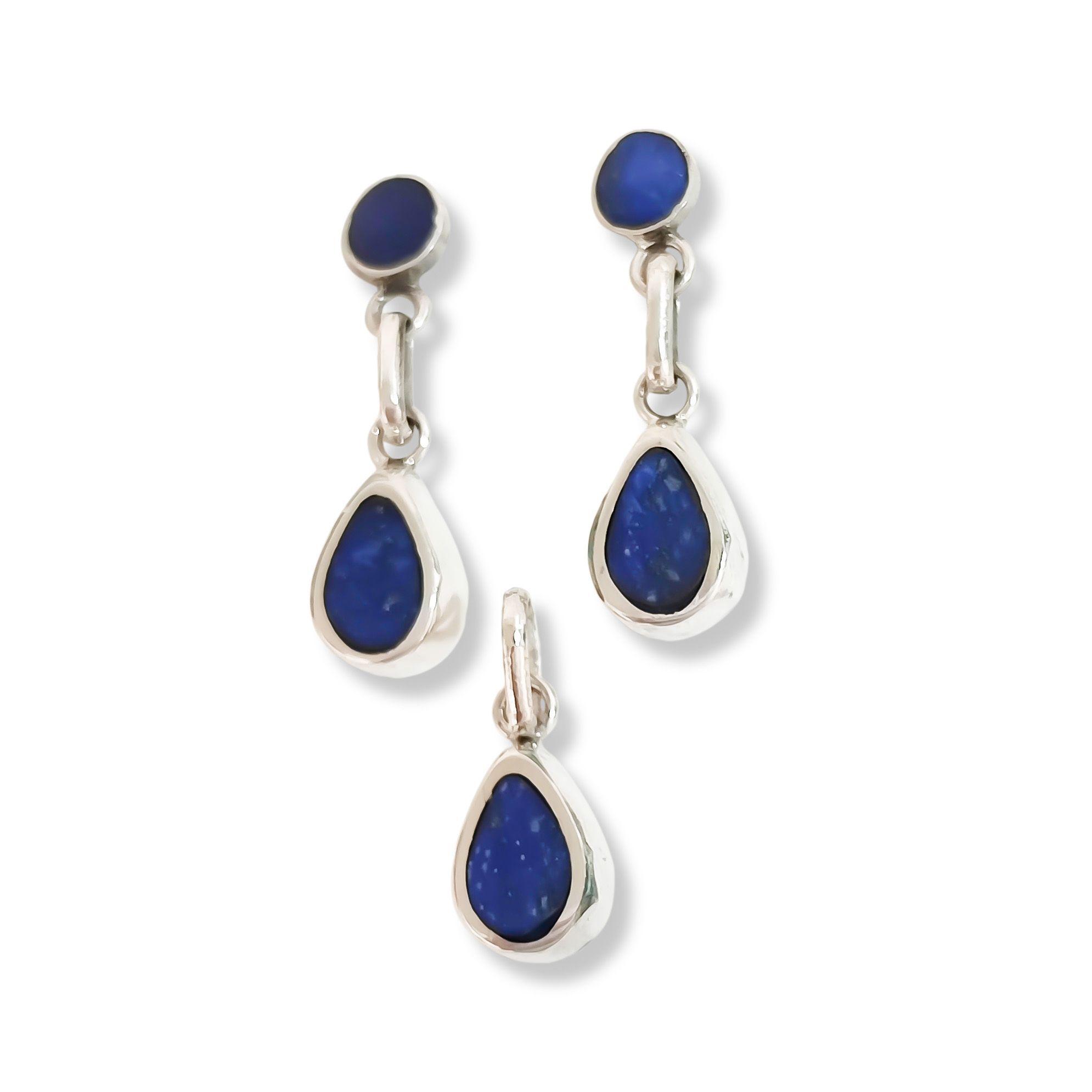 Set Aros Colgante Gota Liso Lapislázuli Plata Fina 950-2