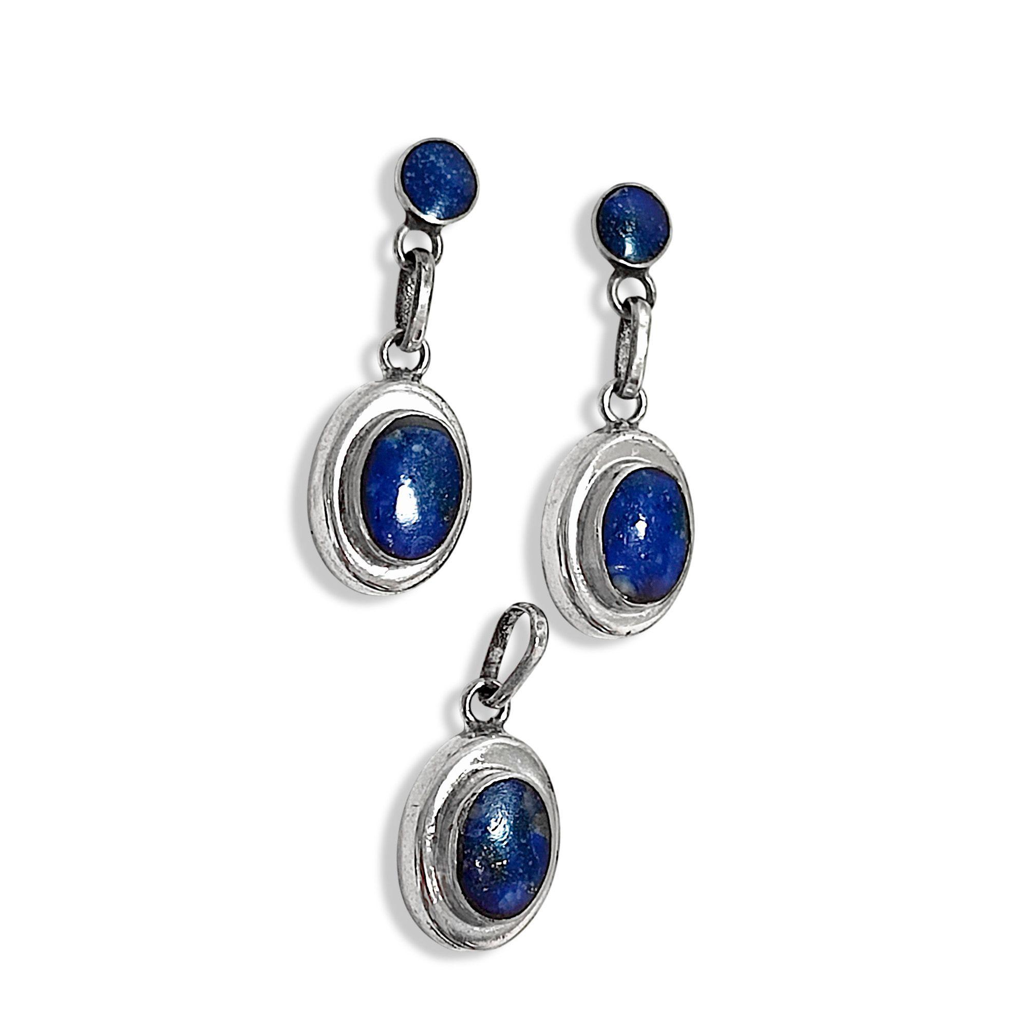Set Lapislázuli Aros Colgante Doble Bisel Ovalado Plata Fina 950-2