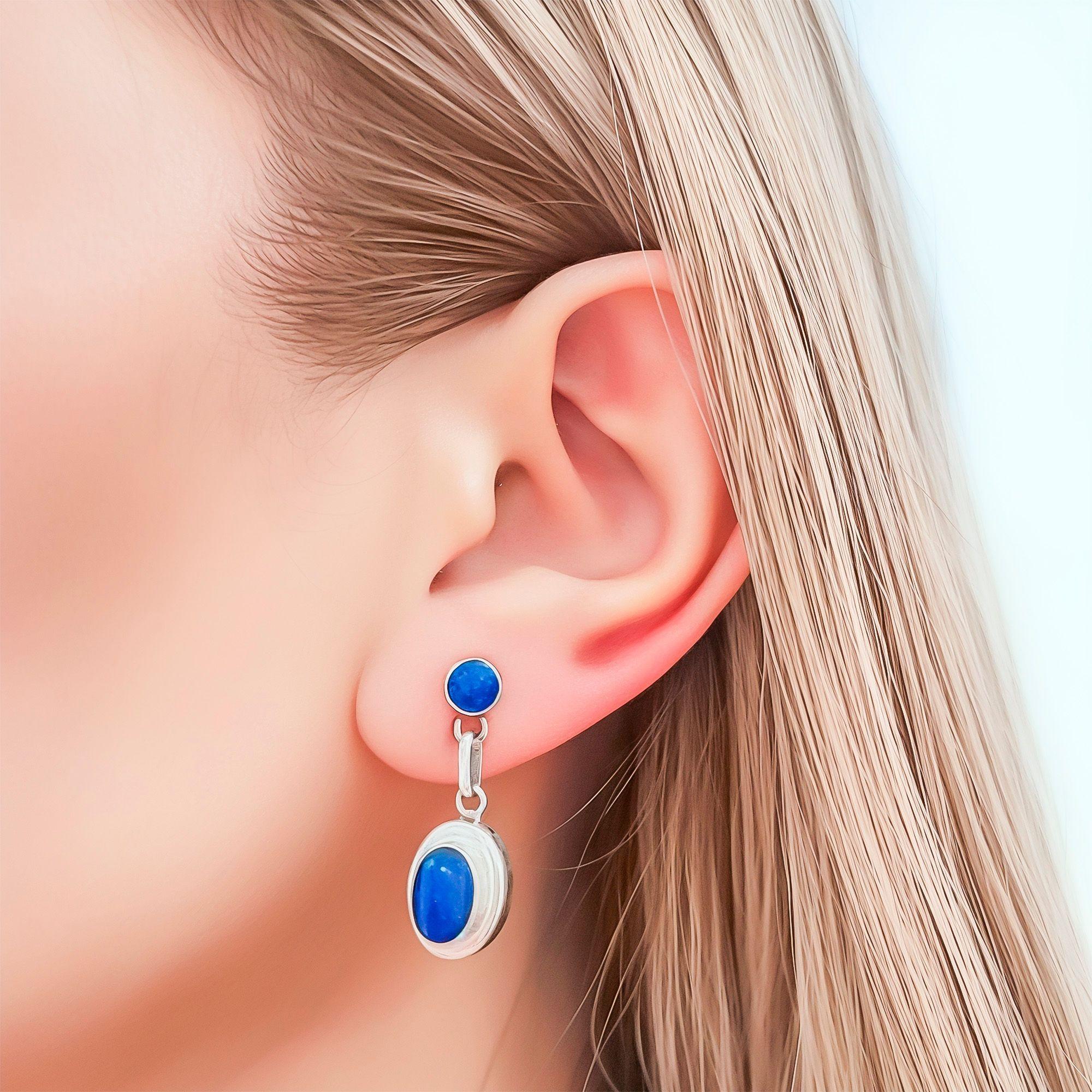 Set Lapislázuli Aros Colgante Doble Bisel Ovalado Plata Fina 950-3