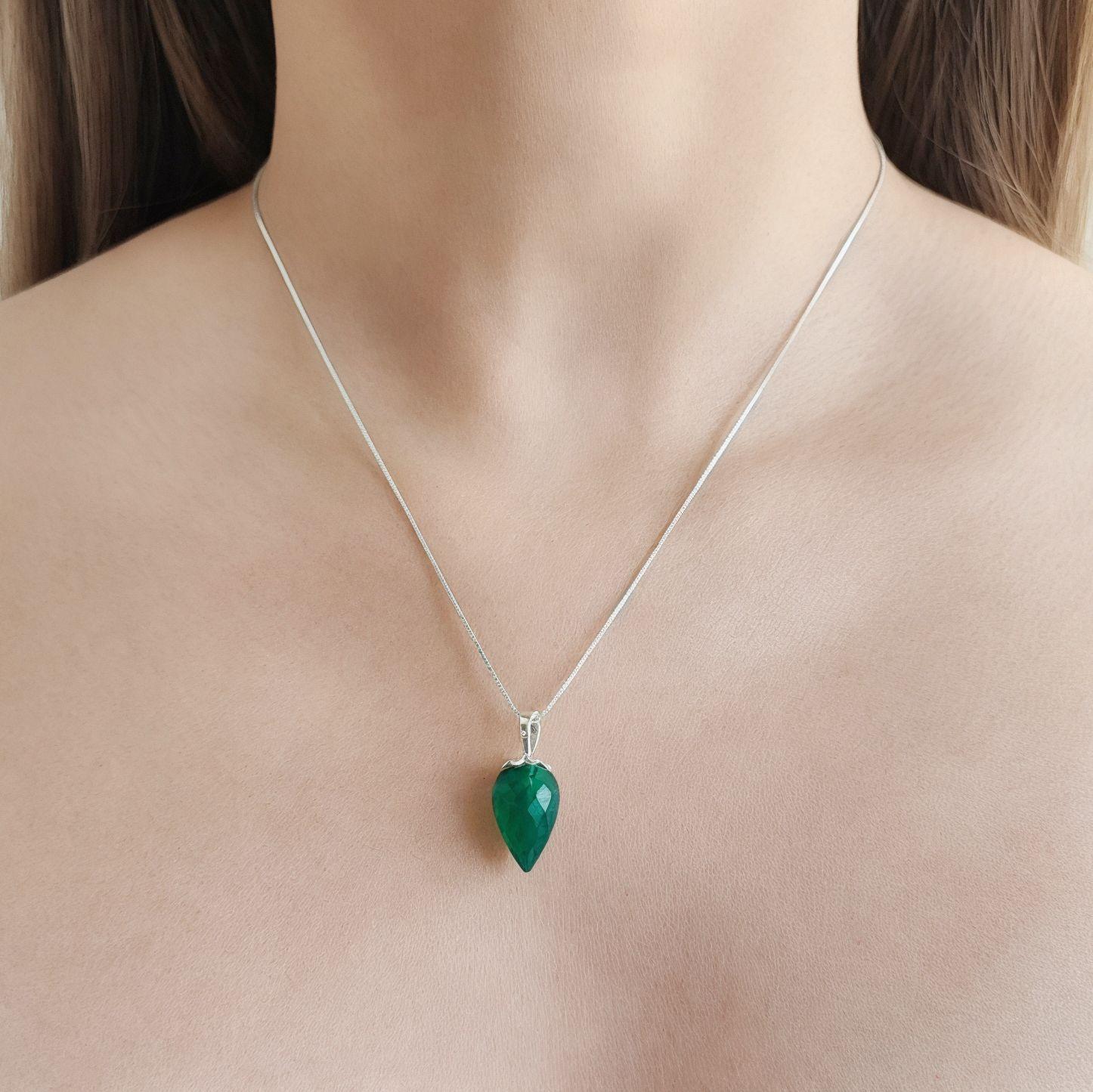 Collar Péndulo Facetado Ónix Verde Plata Fina 925-2