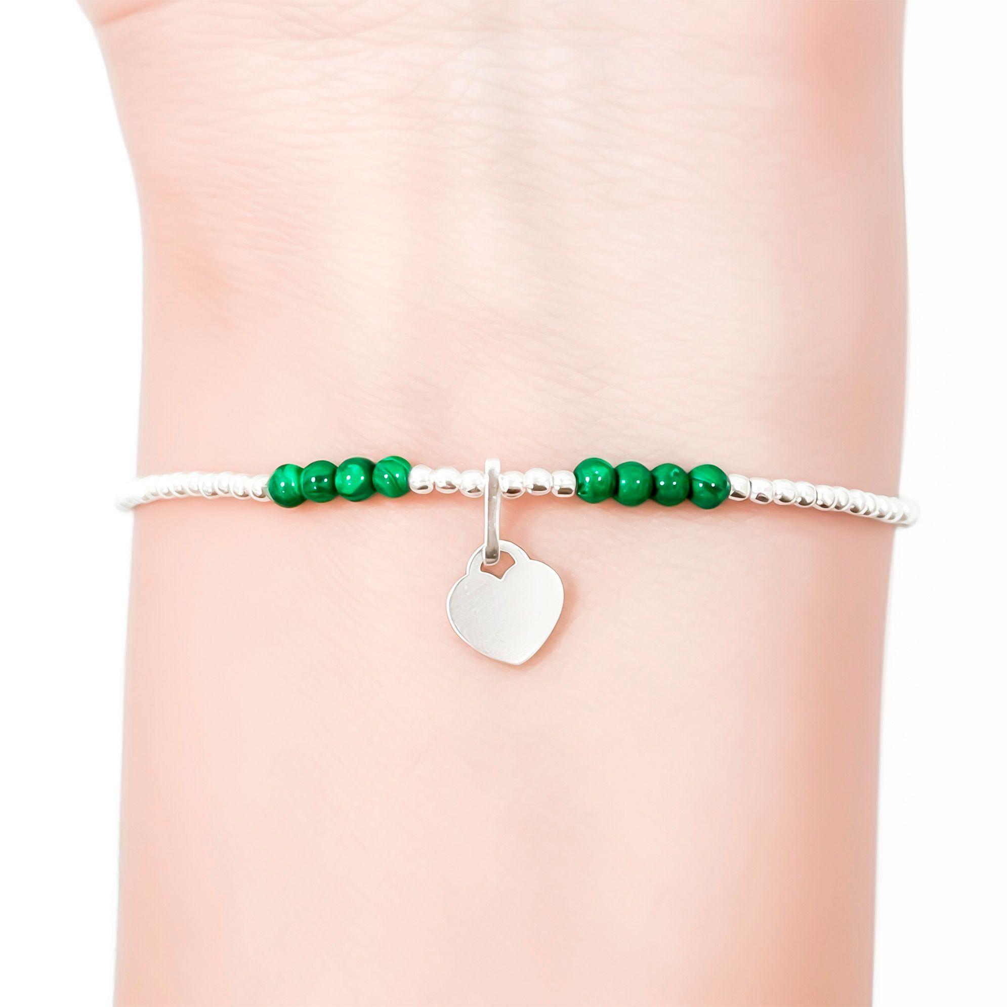 Pulsera Malaquita Corazón Bolitas Plata Fina 925 Elásticada -2
