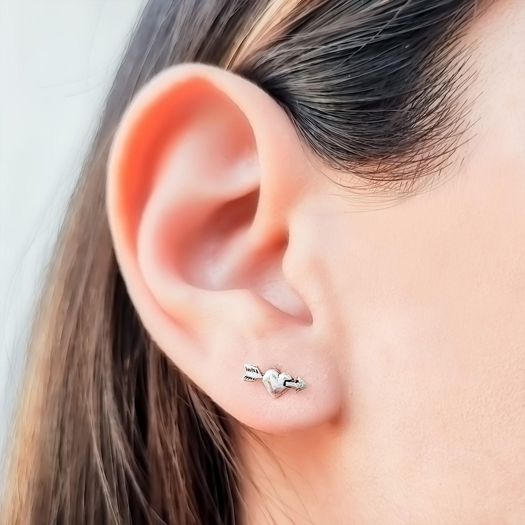 Aros Pequeños Corazón Flechado Plata Fina 925-2