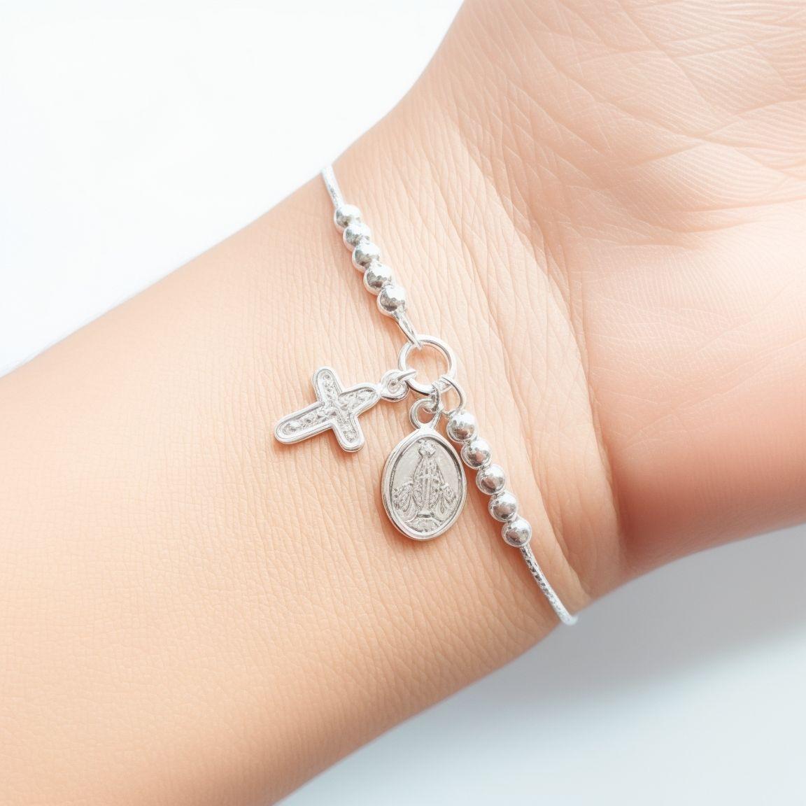 Pulsera Ajustable Virgen Rayos Cruz Plata Fina 925-1