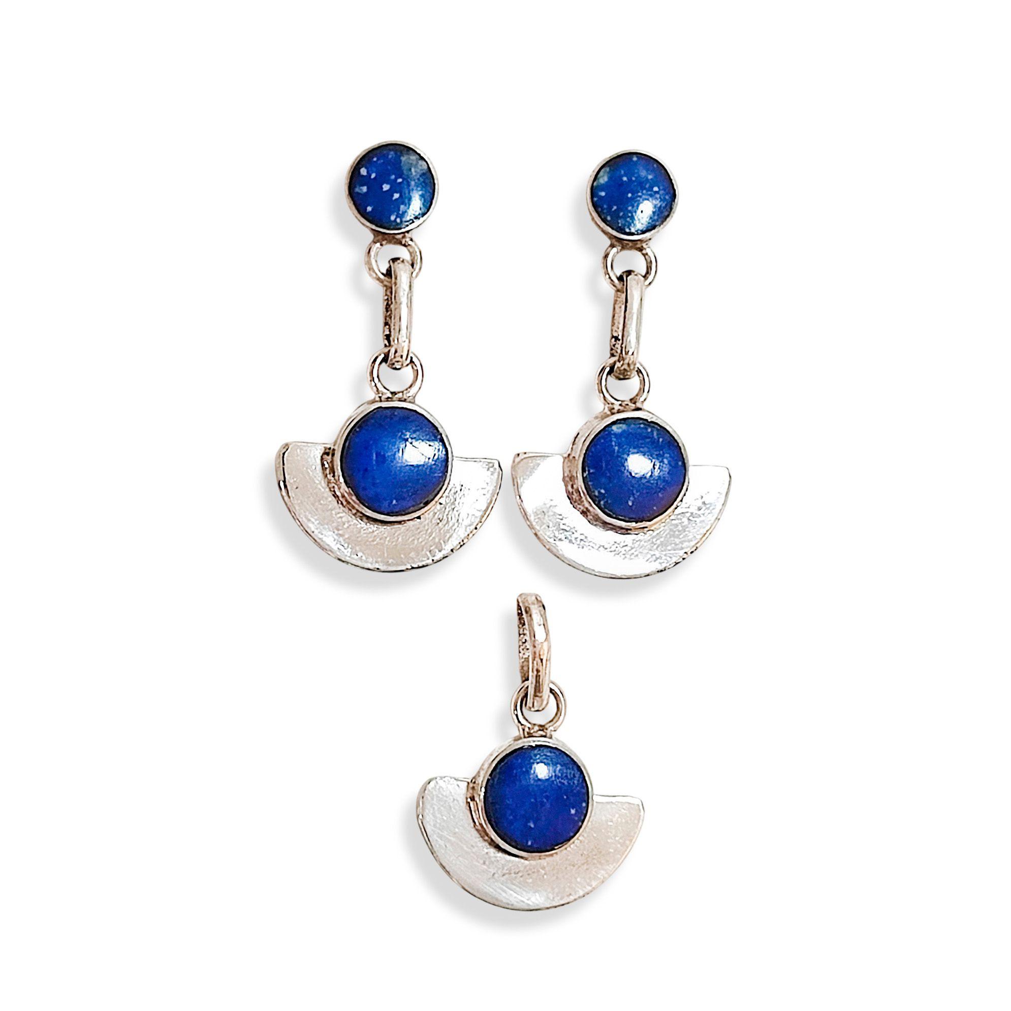 Set Lapislázuli Aros Colgante Redondos Plata Fina 950-2