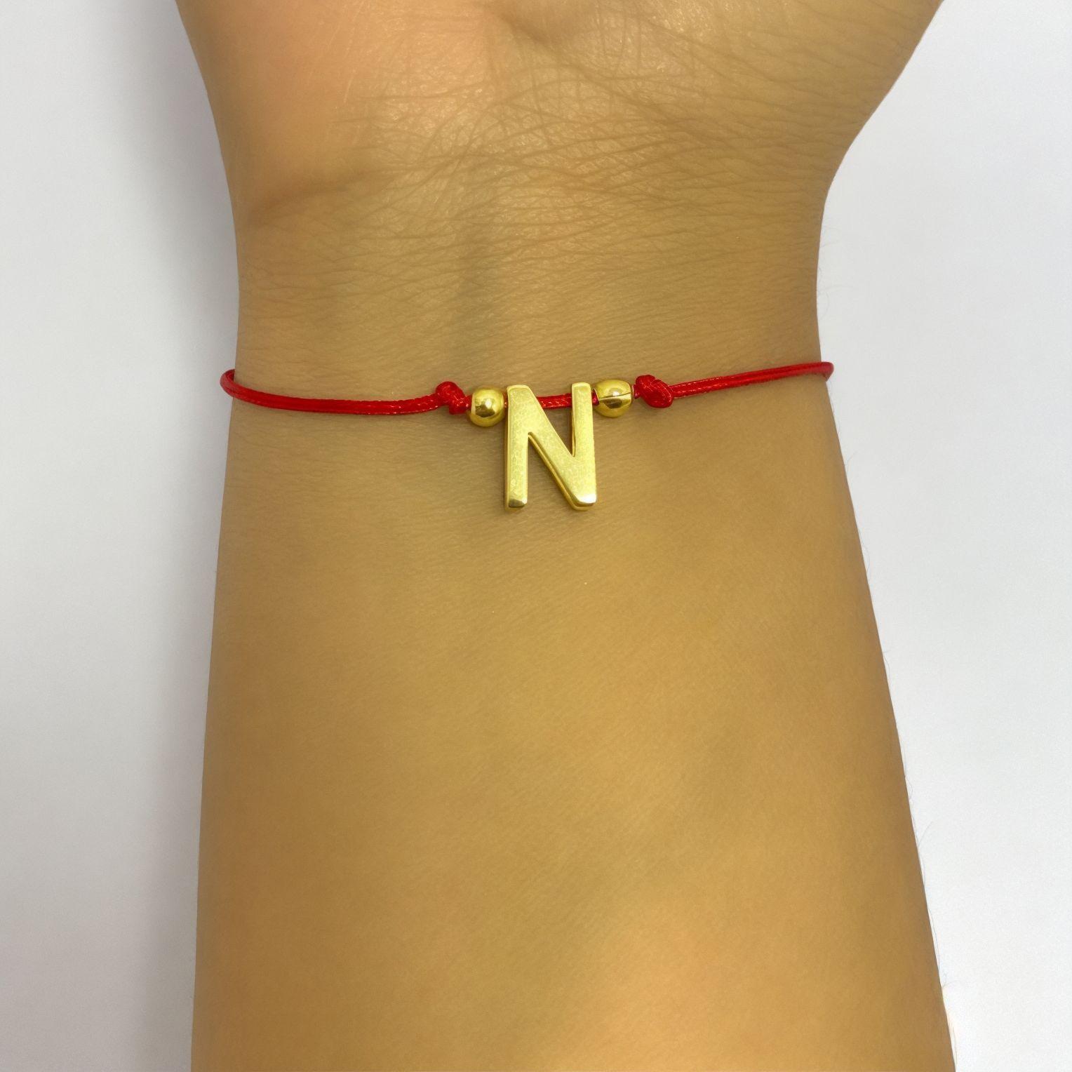 Pulsera Letra N Cordón Rojo Enchapado Oro 18K-2