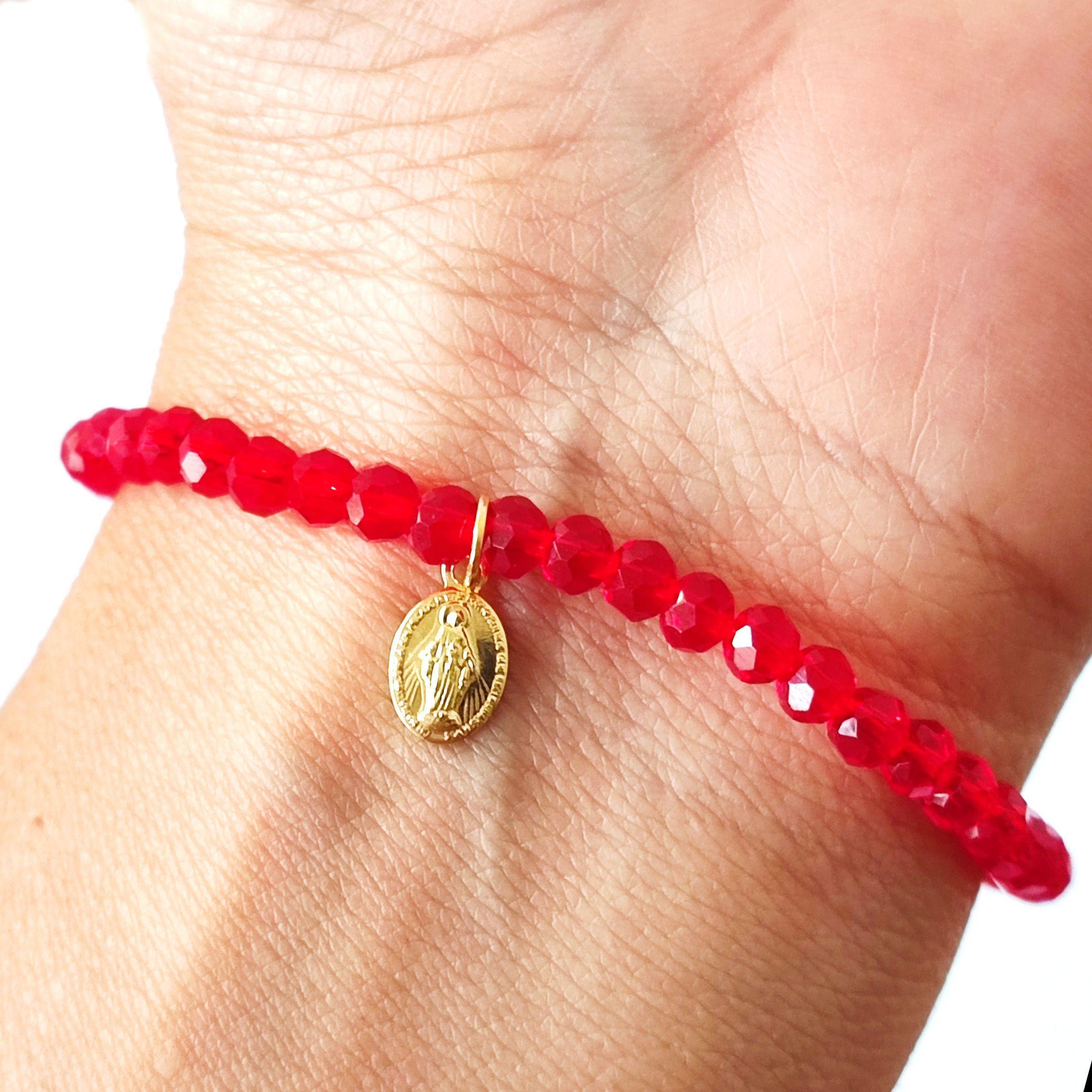 Pulsera Elásticada Cristales Rojo Virgen de los Rayos Enchapado Oro 18K-1