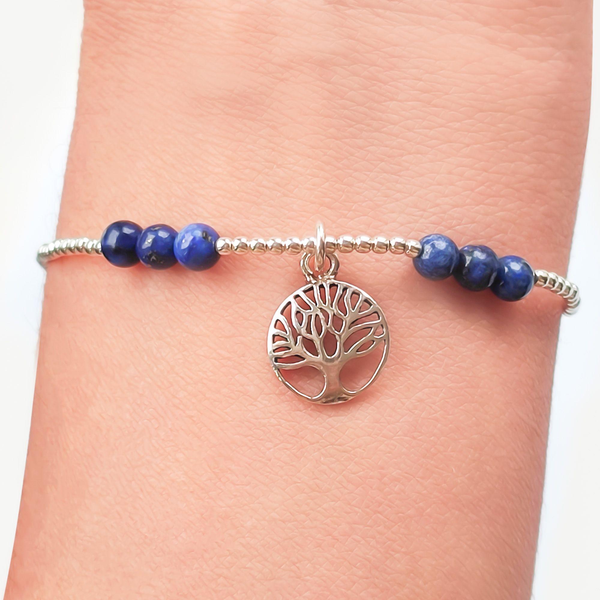 Pulsera Árbol De La Vida 6 Bolitas Lapislázuli Plata Fina 925 Elásticada -2