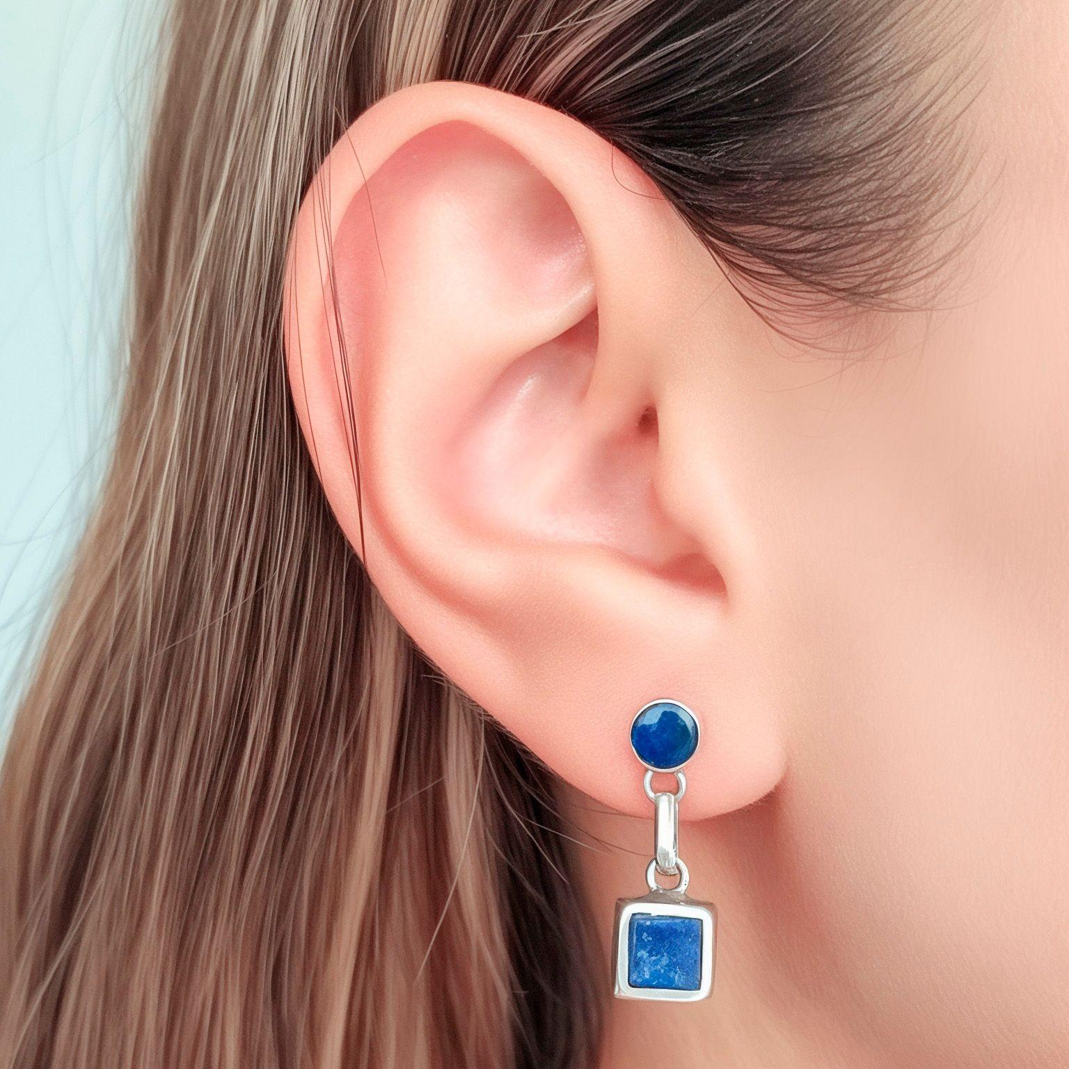 Set Aros Colgante Cuadrado Lapislázuli Plata Fina 925-2