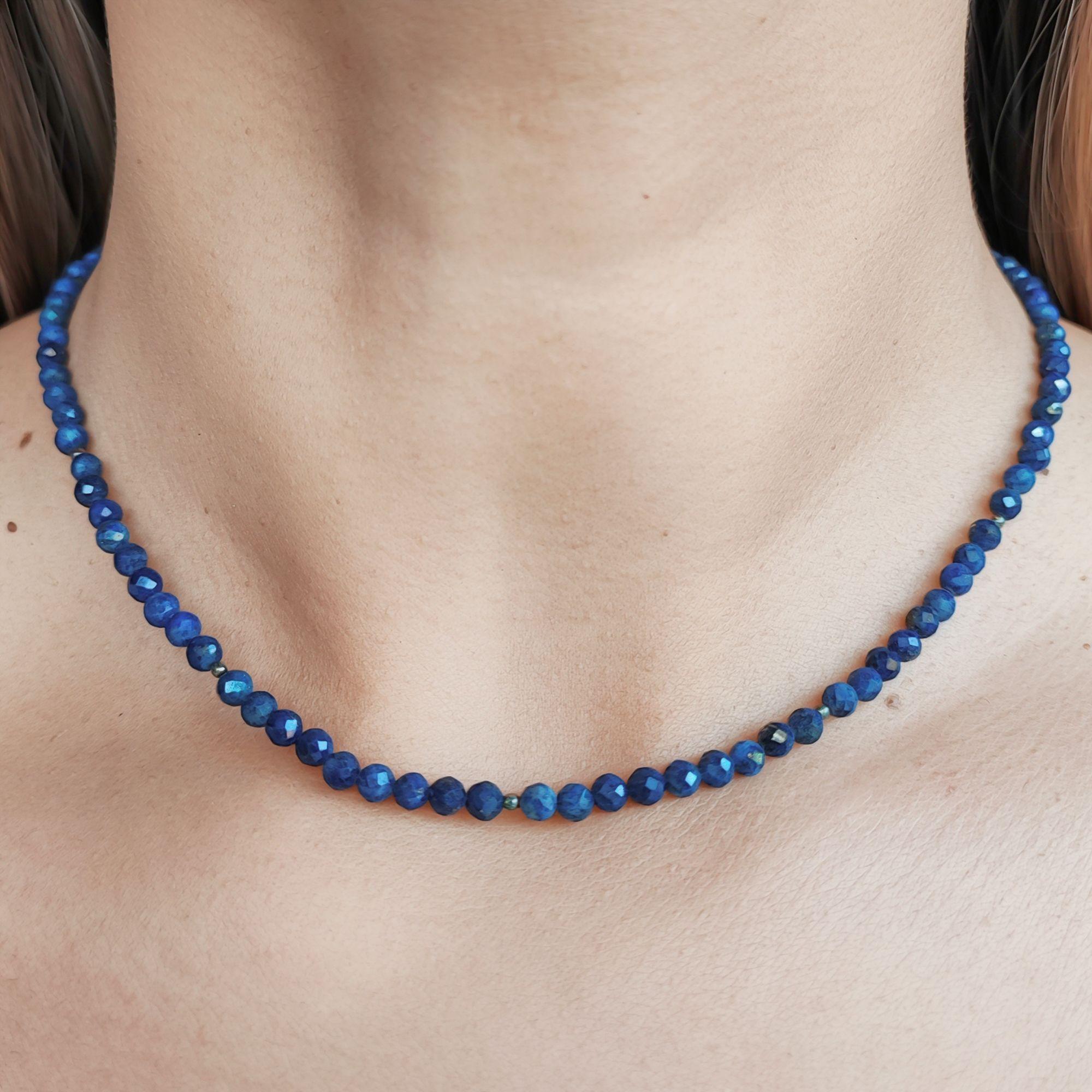 Collar Lapislázuli Bolitas Facetada 4mm Plata Fina 925-3
