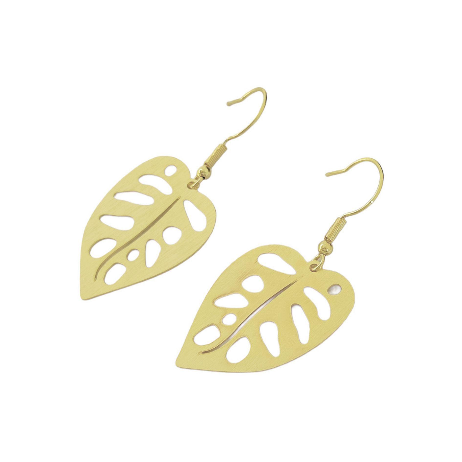 Aros Hoja Filodendro Gancho  Enchapado Oro 18K-1