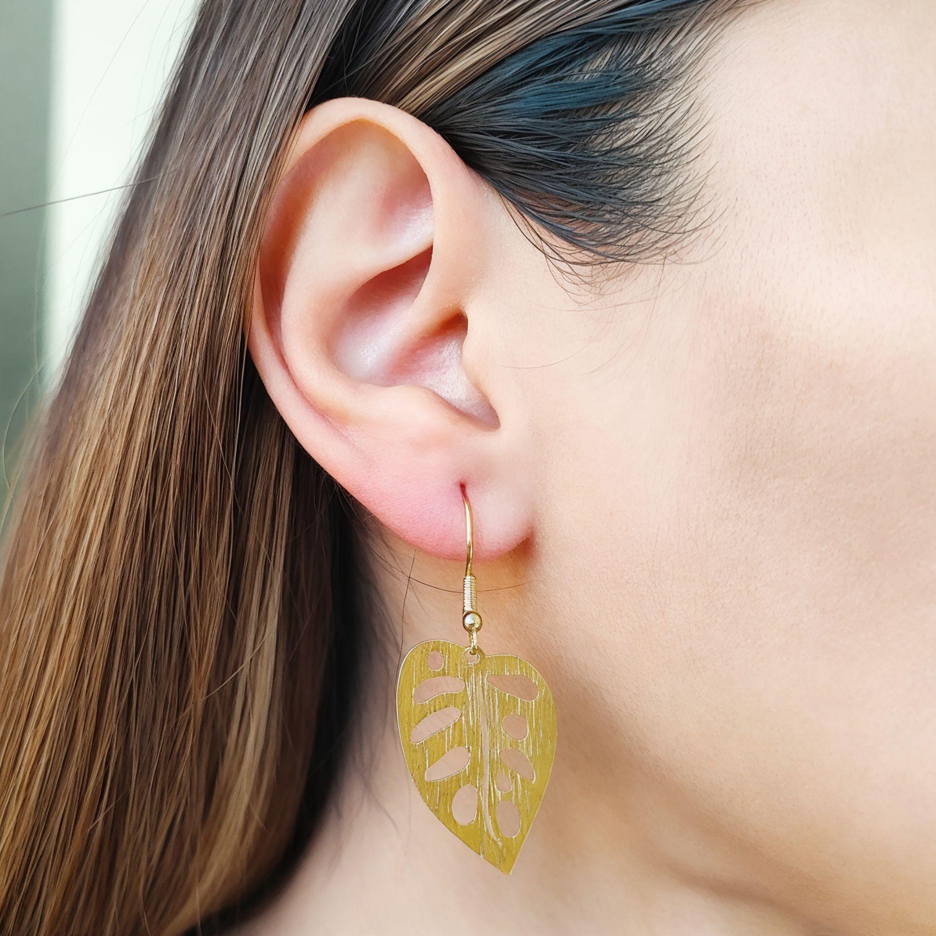 Aros Hoja Filodendro Gancho  Enchapado Oro 18K-3
