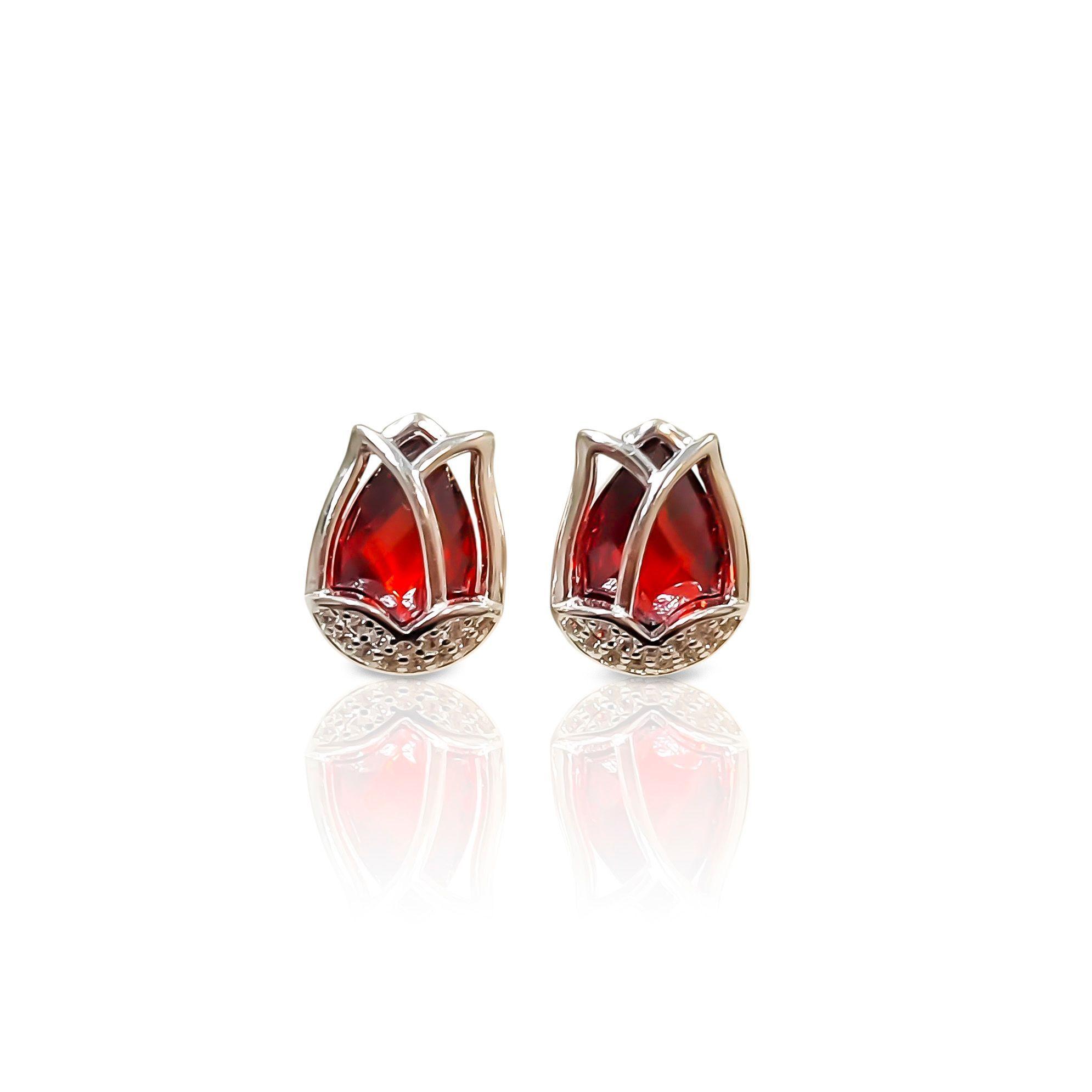 Aros Tulipán Circón Rojo Facetado Plata Fina 925-0