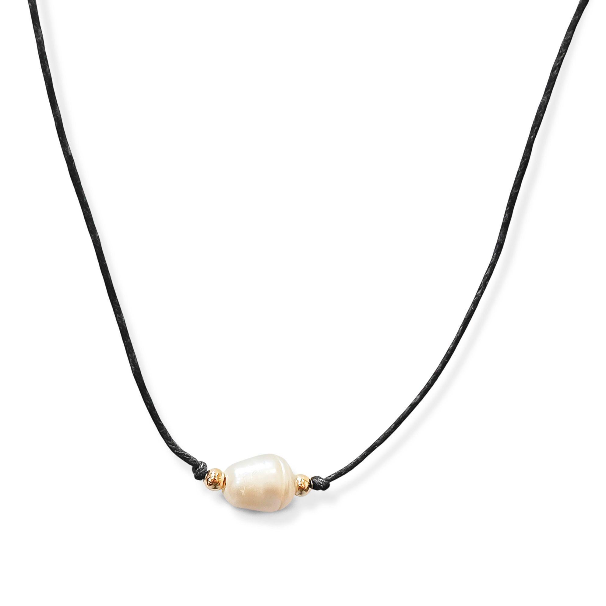 Collar Perla De Río Cordón Negro Bolita Enchapado Oro 18K-2